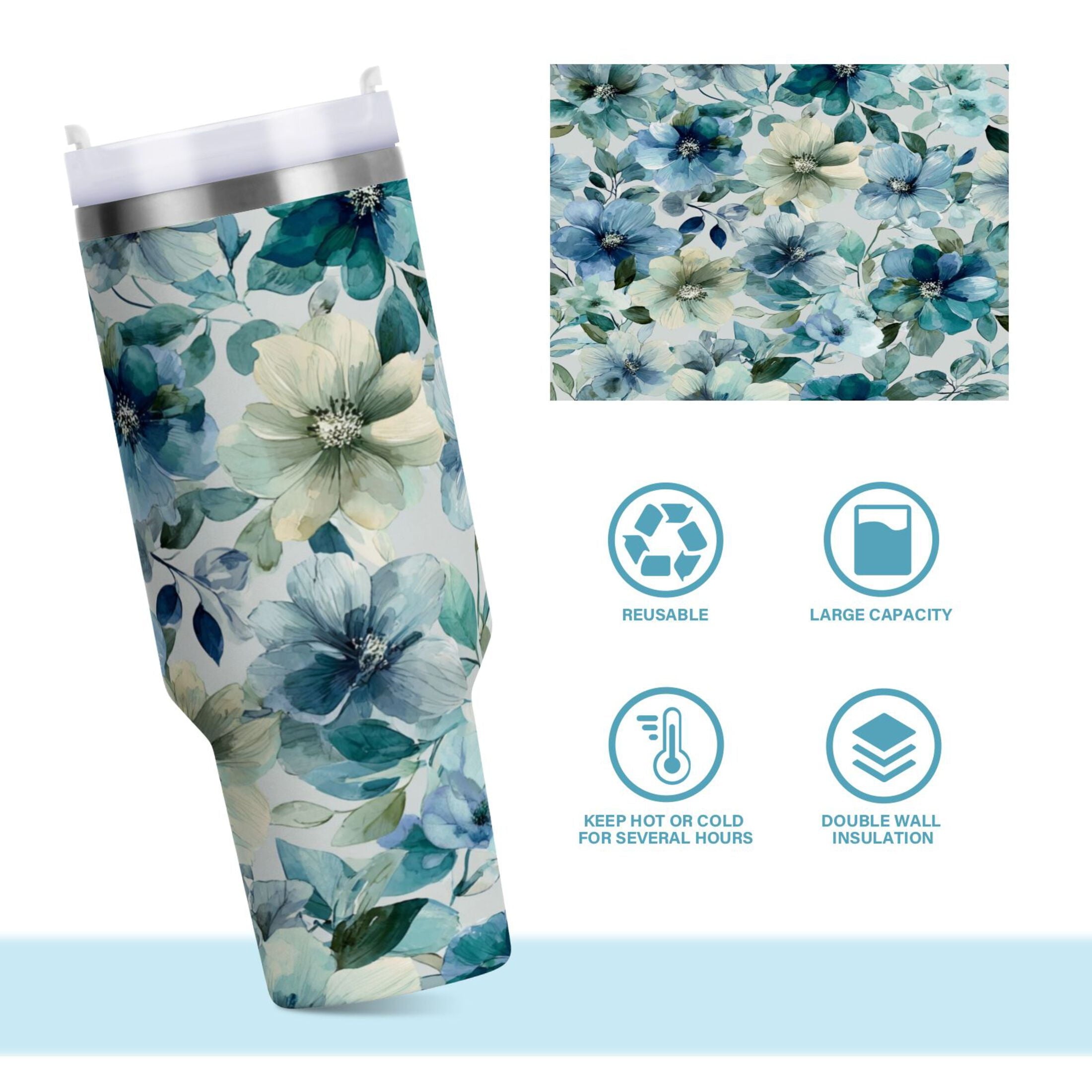 30 oz Insulated Stainless Steel Tumbler Double Wall Stainless Steel Tumbler with 2-Way Drinking Blue and Green Flowers