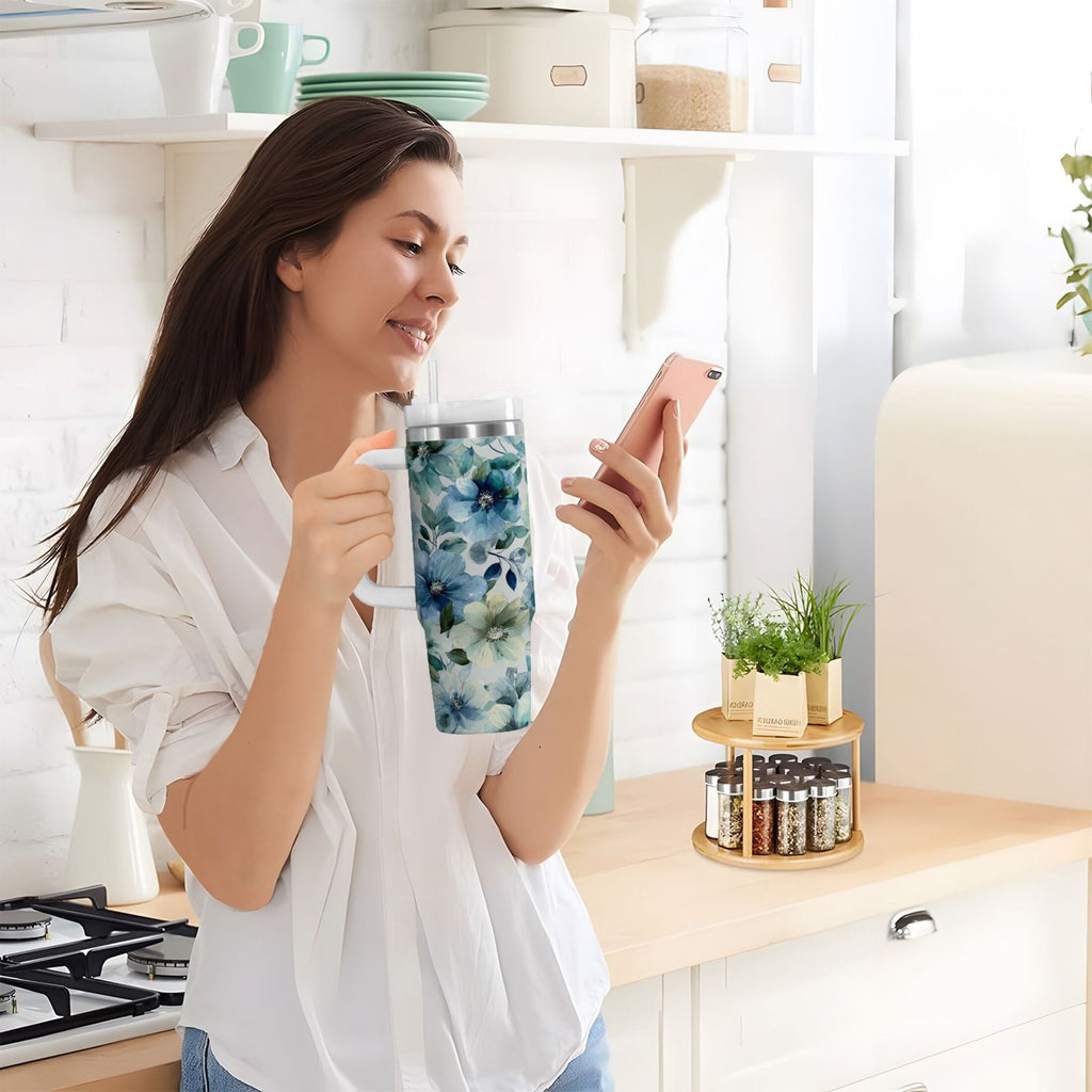 30 oz Insulated Stainless Steel Tumbler Double Wall Stainless Steel Tumbler with 2-Way Drinking Blue and Green Flowers