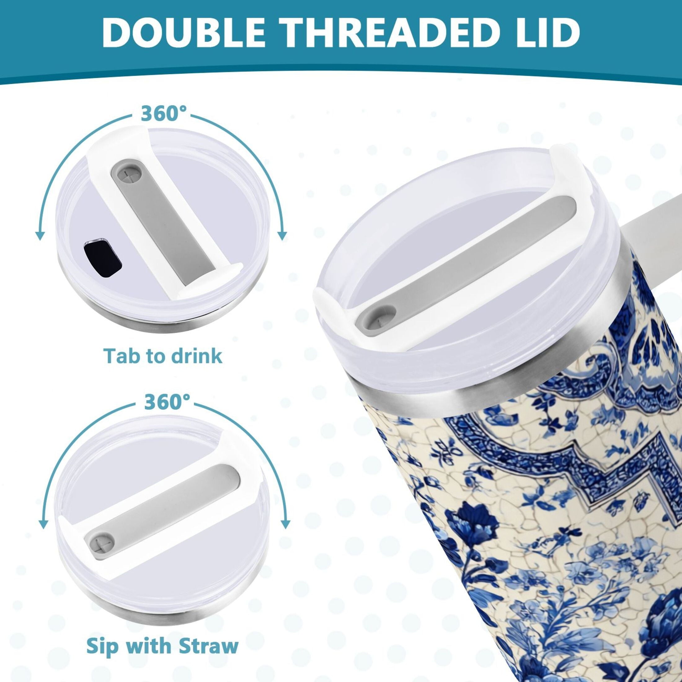 30 oz Insulated Stainless Steel Tumbler Double Wall Stainless Steel Tumbler with 2-Way Drinking Blue and White Porcelain-style