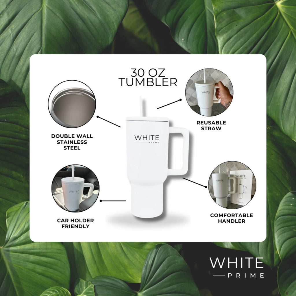 Tumbler 30 oz – Stainless Steel Cup with Handle and Lid | White Prime