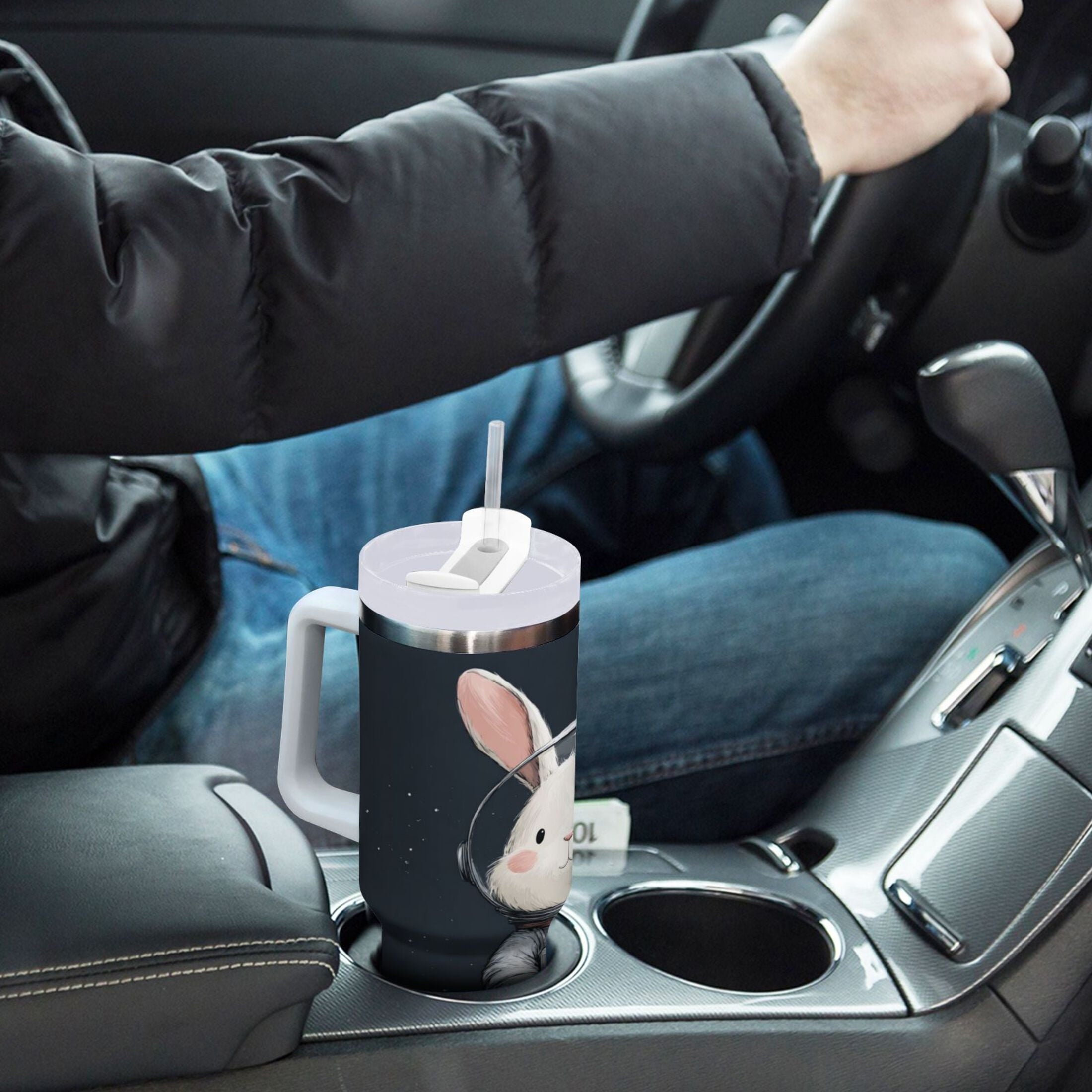 40 oz Insulated Stainless Steel Tumbler Double Wall Stainless Steel Tumbler with 2-Way Drinking Rabbit in A Space