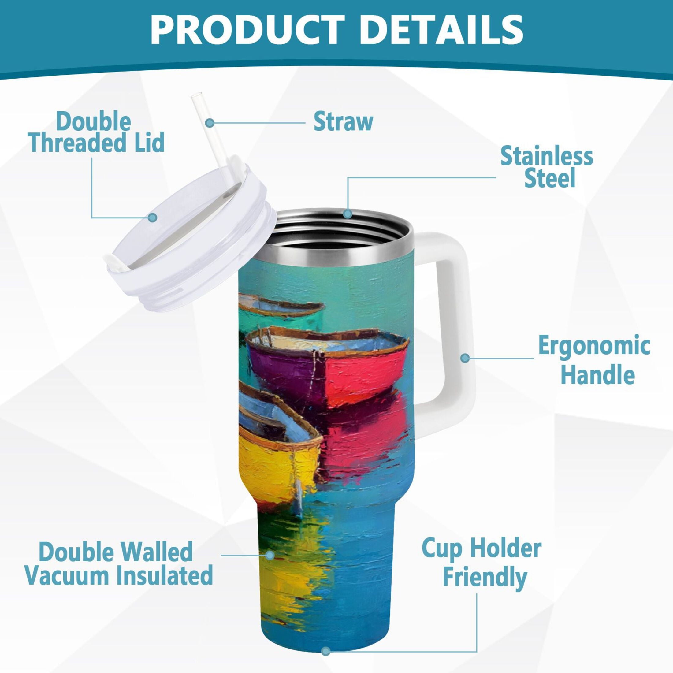 30 oz Insulated Stainless Steel Tumbler Double Wall Stainless Steel Tumbler with 2-Way Drinking Colorful Row Boats
