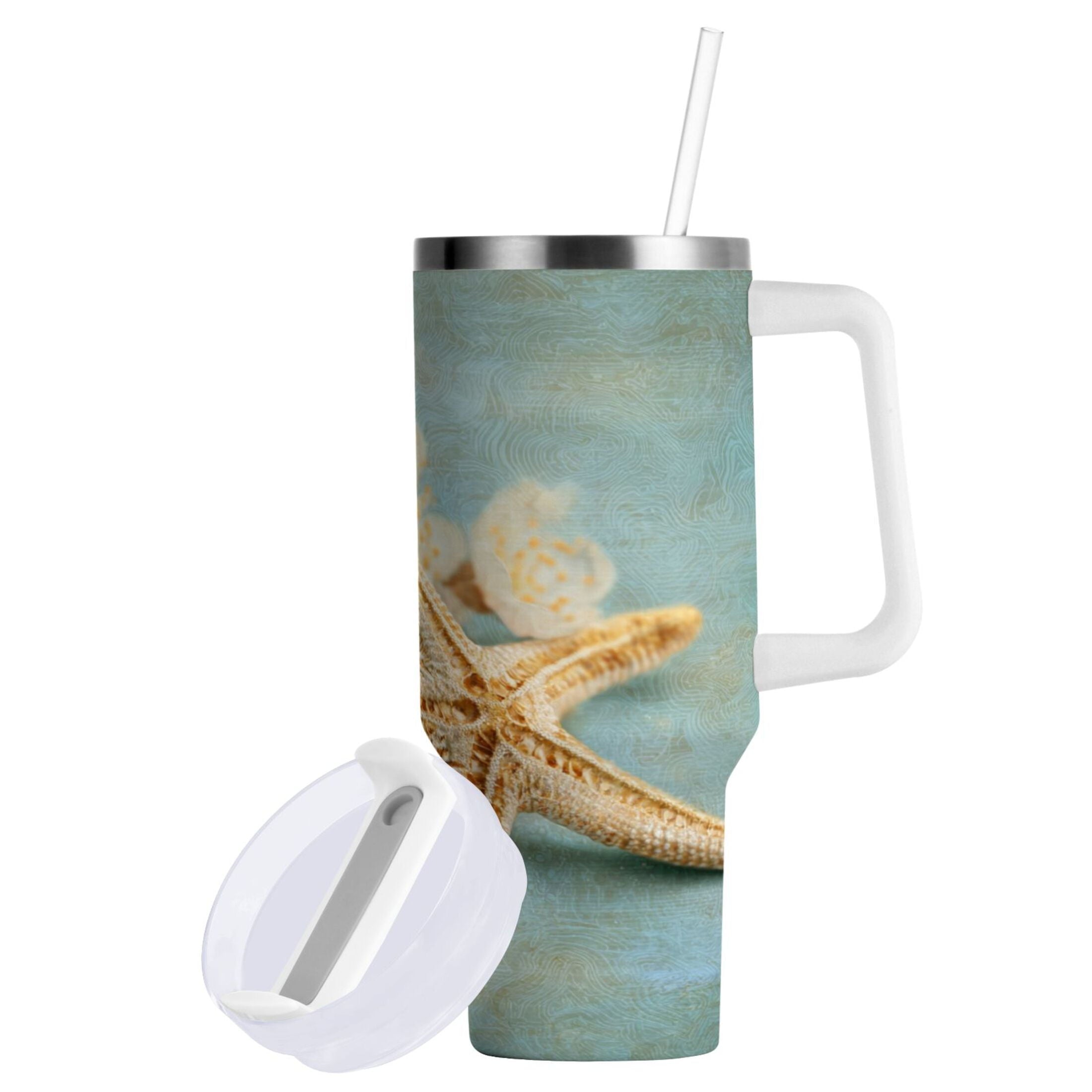 30 oz Insulated Stainless Steel Tumbler Double Wall Stainless Steel Tumbler with 2-Way Drinking Starfish with Flowers