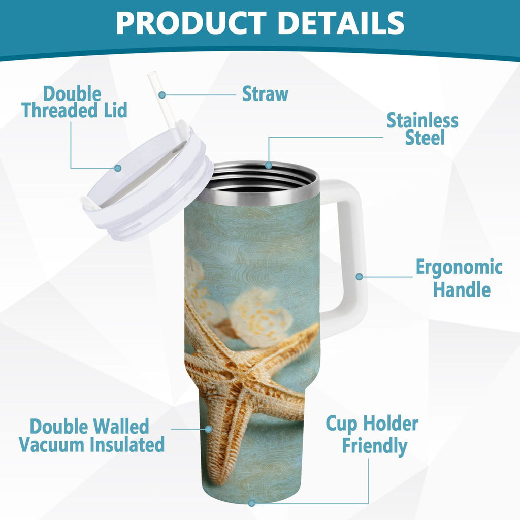 30 oz Insulated Stainless Steel Tumbler Double Wall Stainless Steel Tumbler with 2-Way Drinking Starfish with Flowers