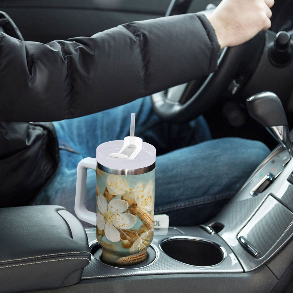 30 oz Insulated Stainless Steel Tumbler Double Wall Stainless Steel Tumbler with 2-Way Drinking Starfish with Flowers