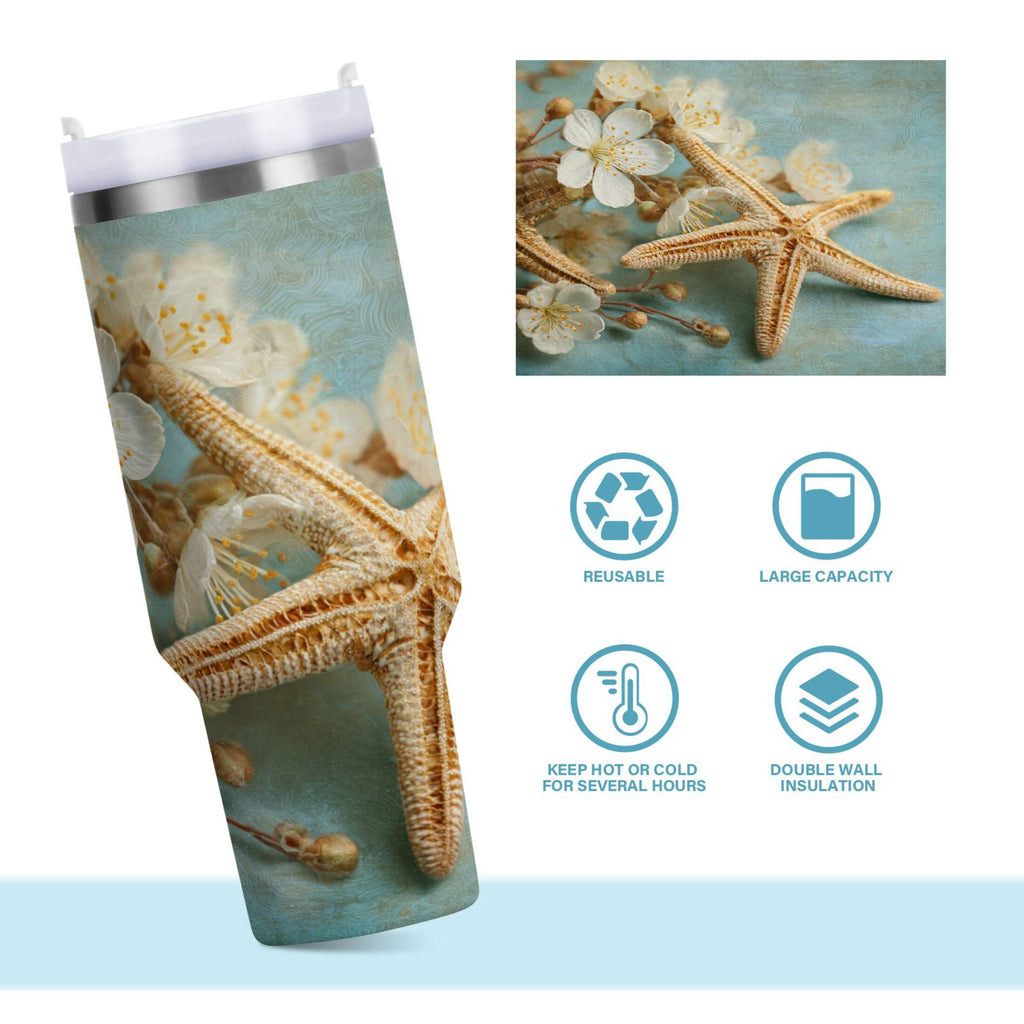 30 oz Insulated Stainless Steel Tumbler Double Wall Stainless Steel Tumbler with 2-Way Drinking Starfish with Flowers
