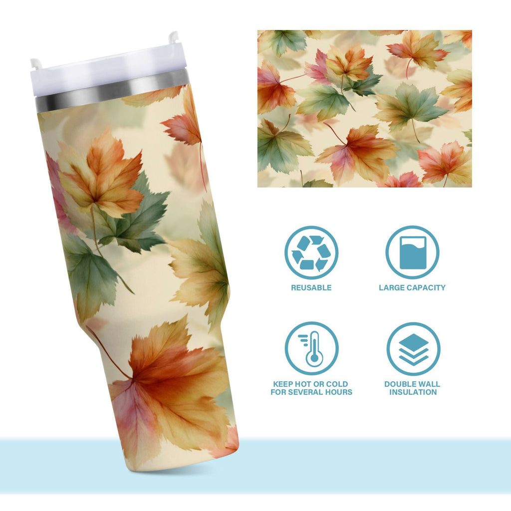 40 oz Insulated Stainless Steel Tumbler Double Wall Stainless Steel Tumbler with 2-Way Drinking Watercolor Maple Leaves Pattern