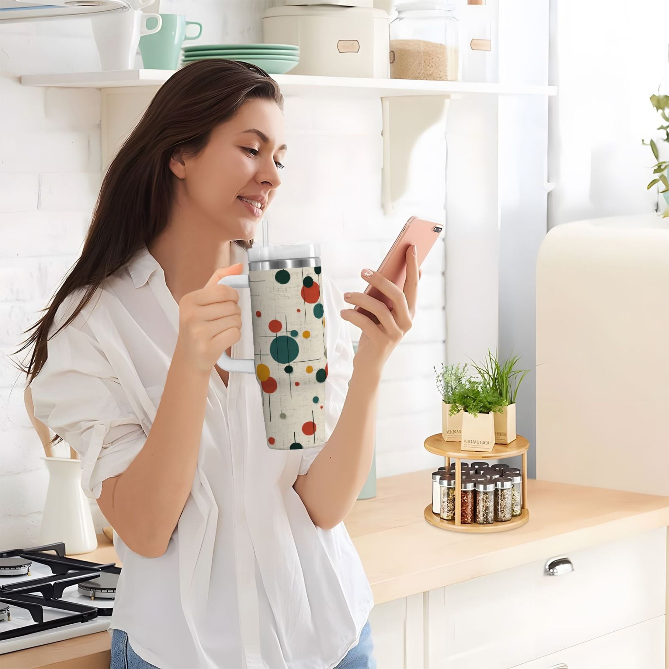 30 oz Insulated Stainless Steel Tumbler Double Wall Stainless Steel Tumbler with 2-Way Drinking Colorful Dots and Lines