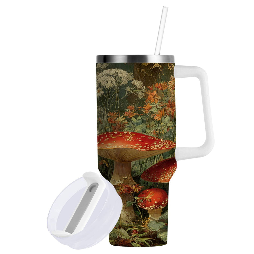 40 oz Insulated Stainless Steel Tumbler Double Wall Stainless Steel Tumbler with 2-Way Drinking Red Mushrooms