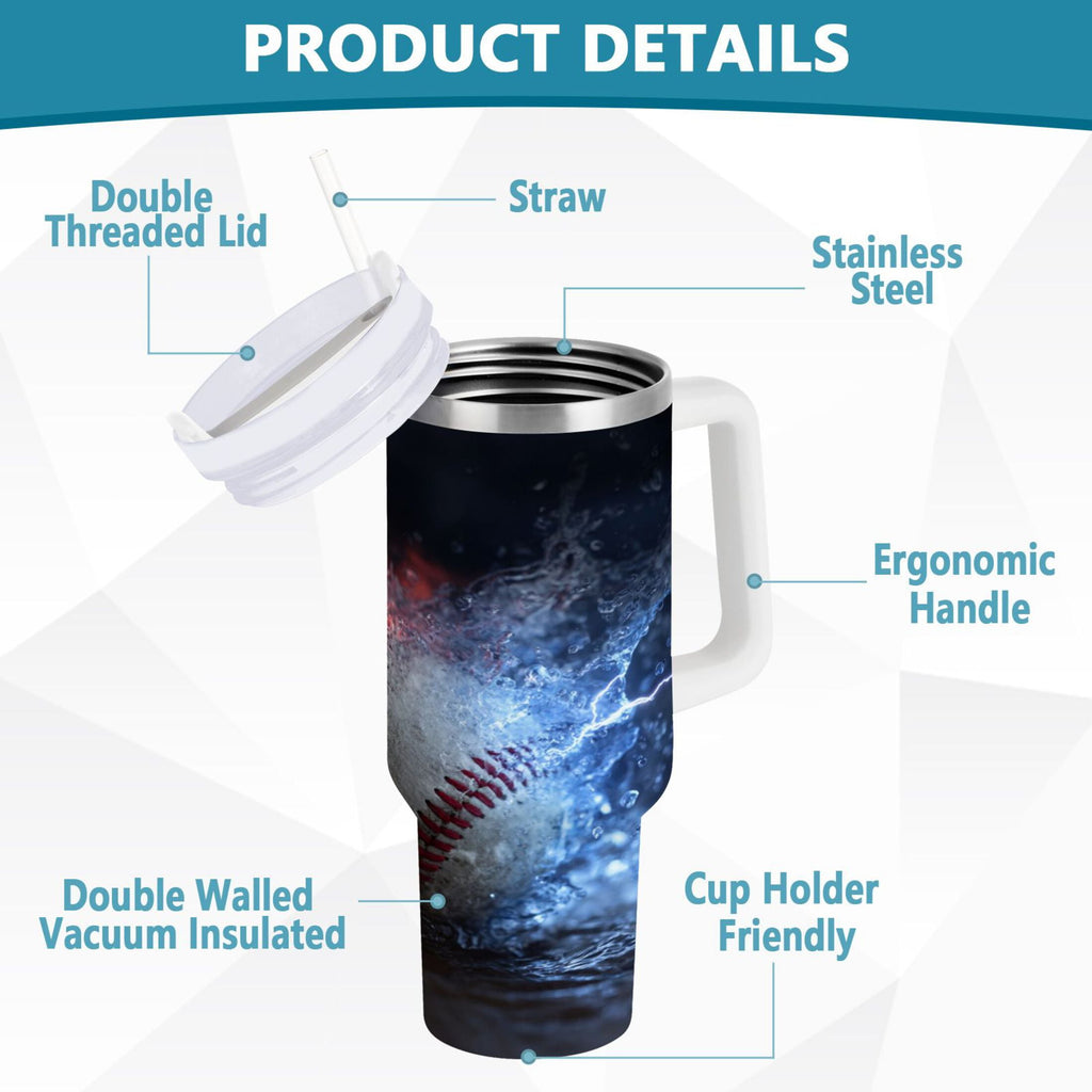 40 oz Insulated Stainless Steel Tumbler Double Wall Stainless Steel Tumbler with 2-Way Drinking Baseball with Water and Fire