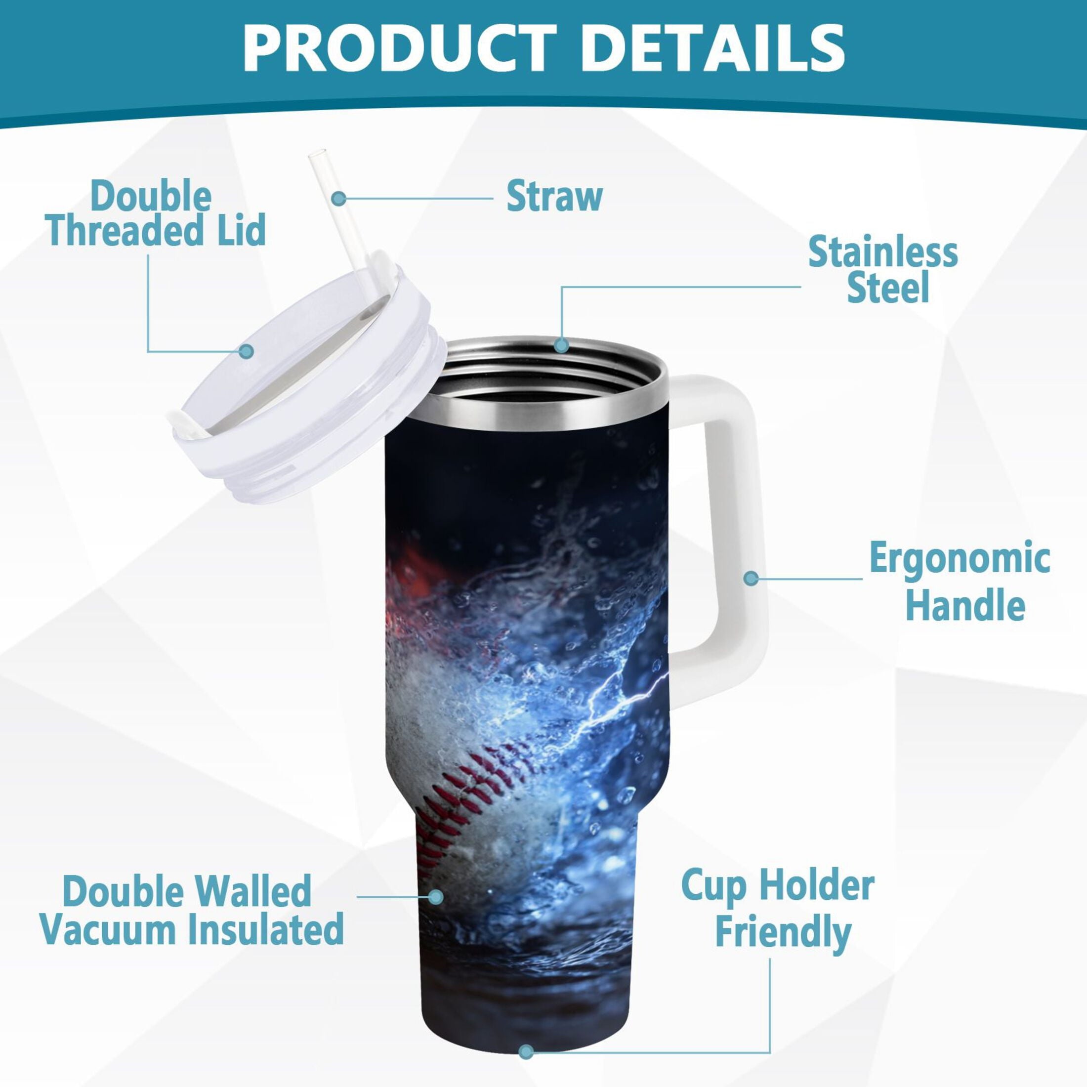 40 oz Insulated Stainless Steel Tumbler Double Wall Stainless Steel Tumbler with 2-Way Drinking Baseball with Water and Fire