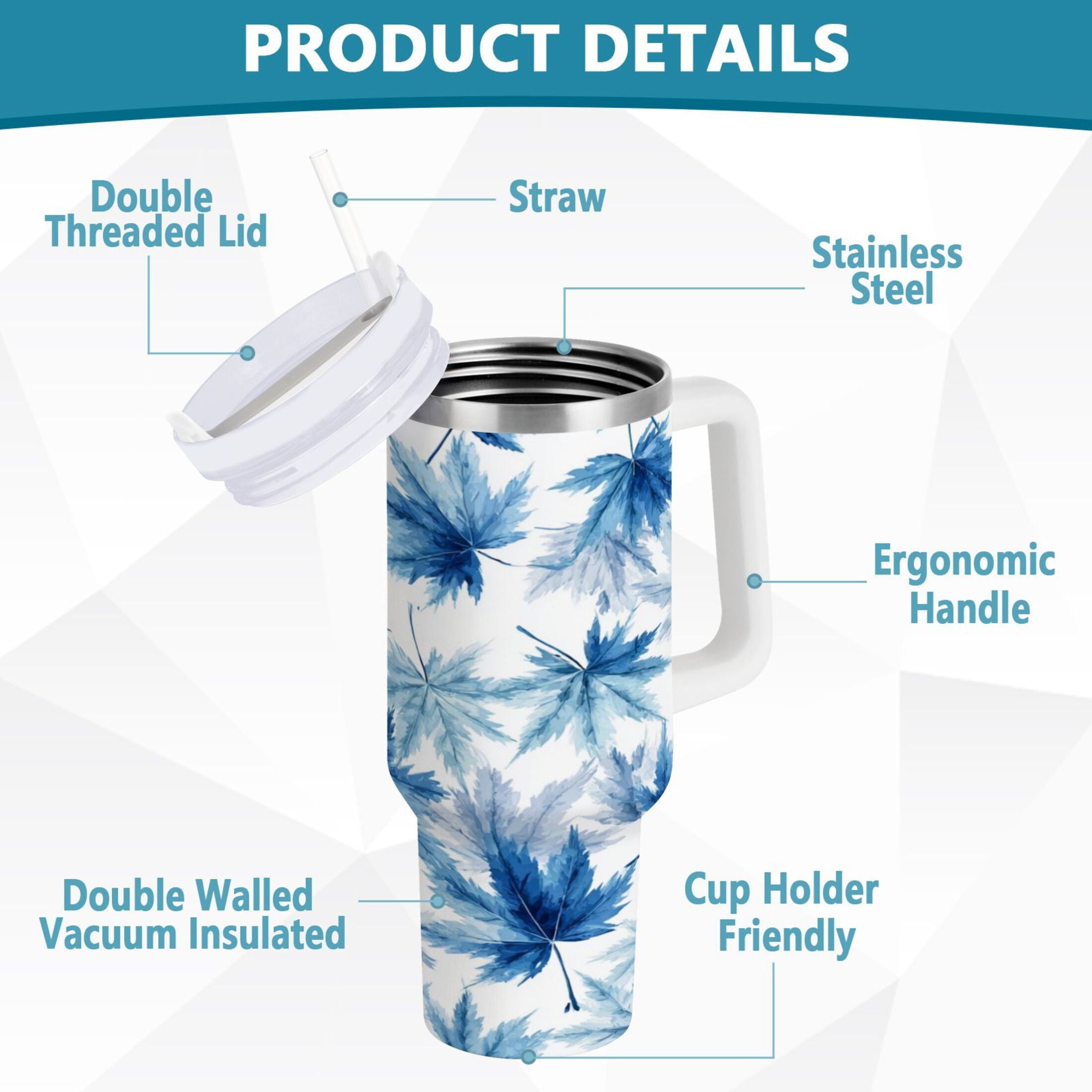 30 oz Insulated Stainless Steel Tumbler Double Wall Stainless Steel Tumbler with 2-Way Drinking Abstract Blue Maple Leaves