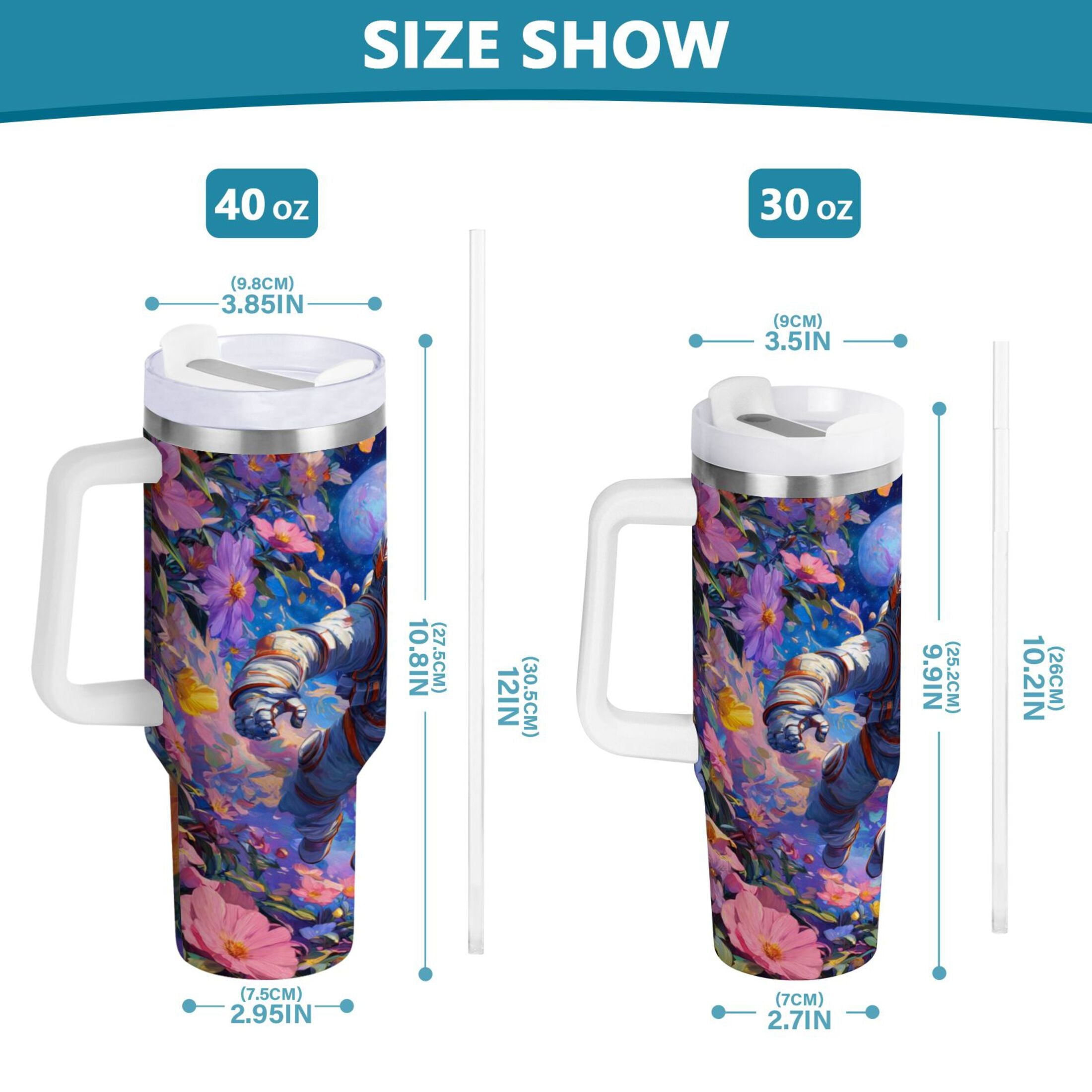 40 oz Insulated Stainless Steel Tumbler Double Wall Stainless Steel Tumbler with 2-Way Drinking Astronaut and Colorful Flowers