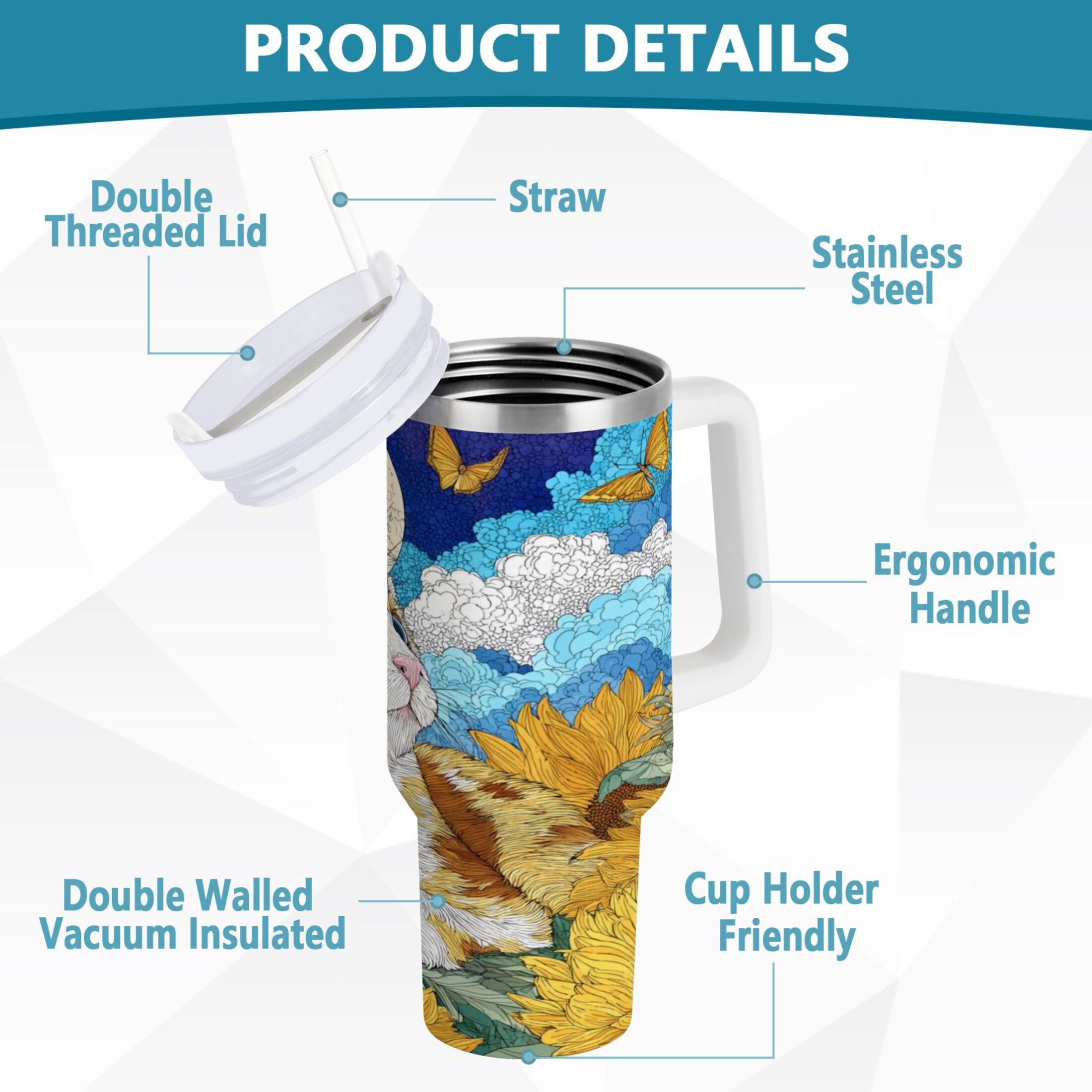 40 oz Insulated Stainless Steel Tumbler Double Wall Stainless Steel Tumbler with 2-Way Drinking Cat Lies in The Sunflowers
