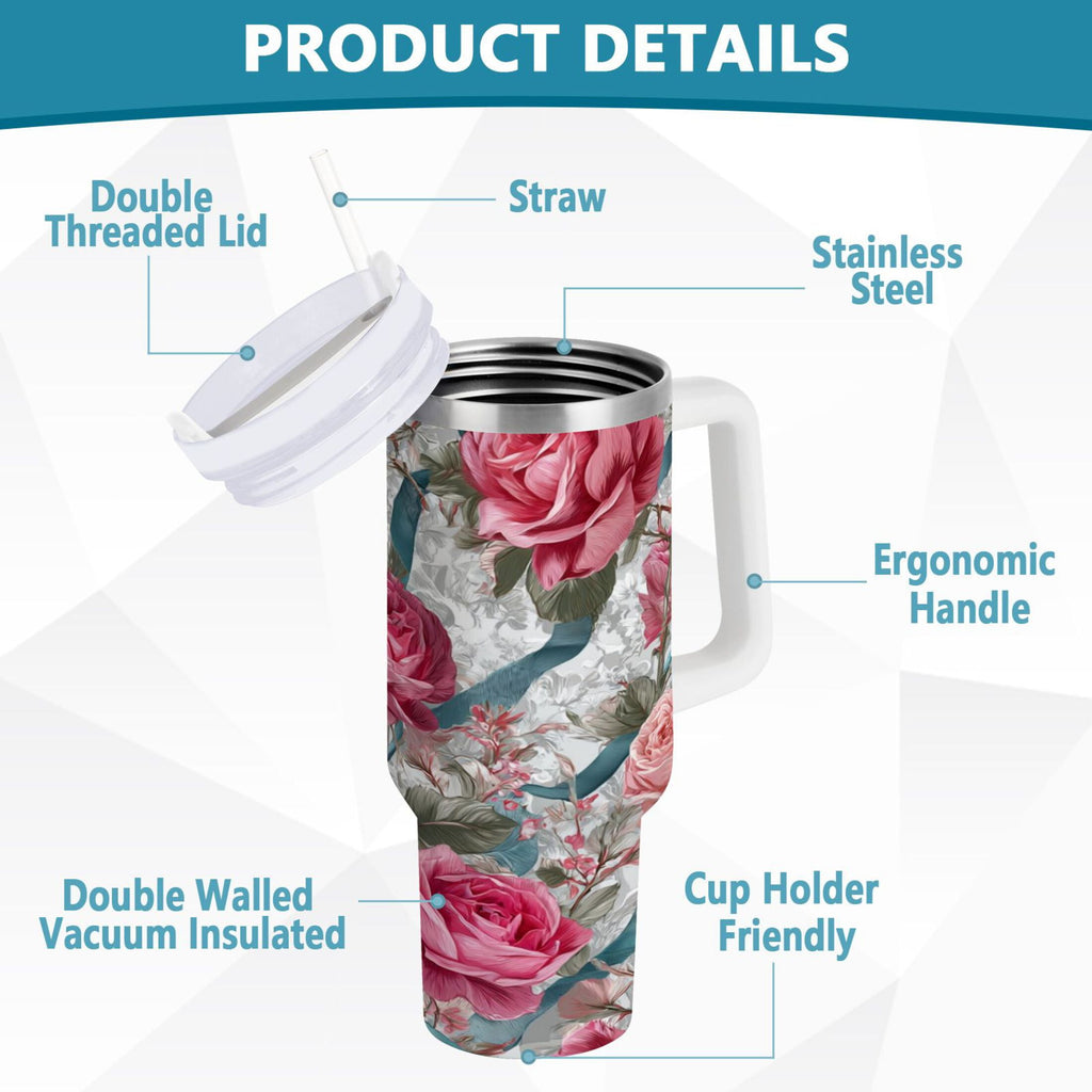 30 oz Insulated Stainless Steel Tumbler Double Wall Stainless Steel Tumbler with 2-Way Drinking Roses and Ribbons