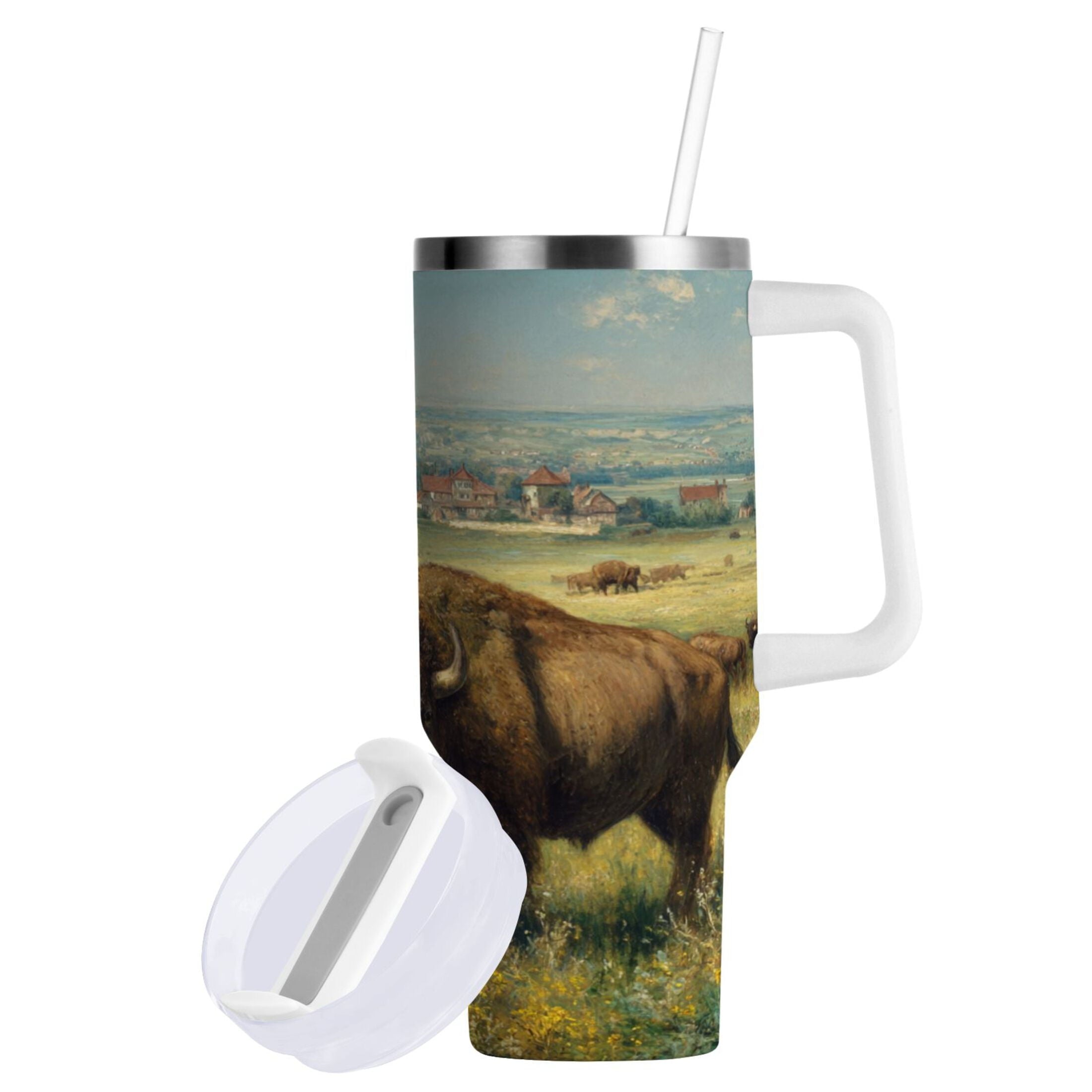 30 oz Insulated Stainless Steel Tumbler Double Wall Stainless Steel Tumbler with 2-Way Drinking Buffalo Herd Oil Painting