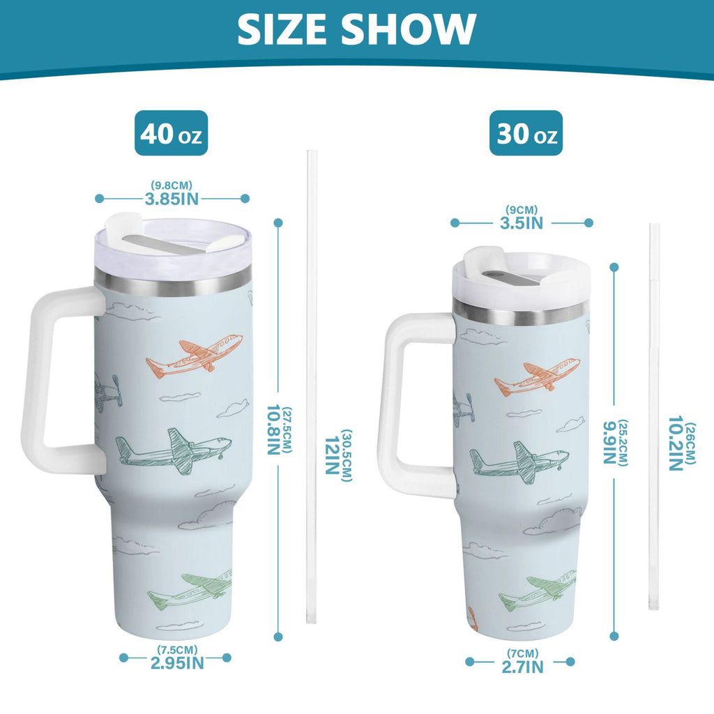 30 oz Insulated Stainless Steel Tumbler Double Wall Stainless Steel Tumbler with 2-Way Drinking Pastel Doodle Airplanes