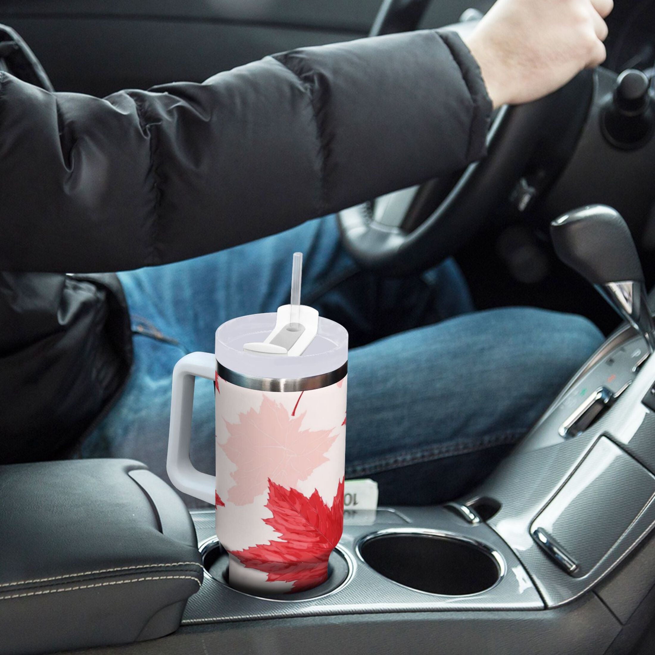 40 oz Insulated Stainless Steel Tumbler Double Wall Stainless Steel Tumbler with 2-Way Drinking Red Maple Leaves Pattern
