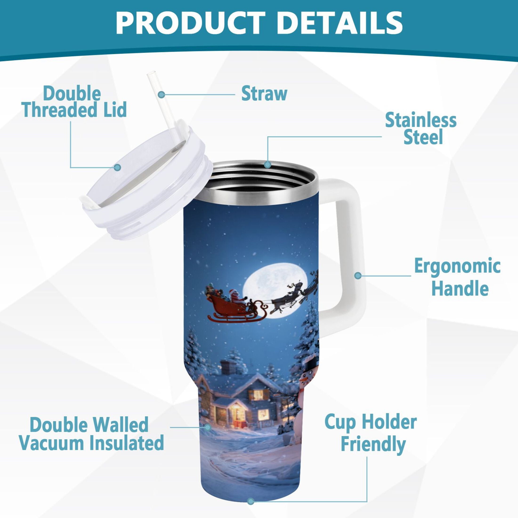 30 oz Insulated Stainless Steel Tumbler Double Wall Stainless Steel Tumbler with 2-Way Drinking Christmas Night Scene