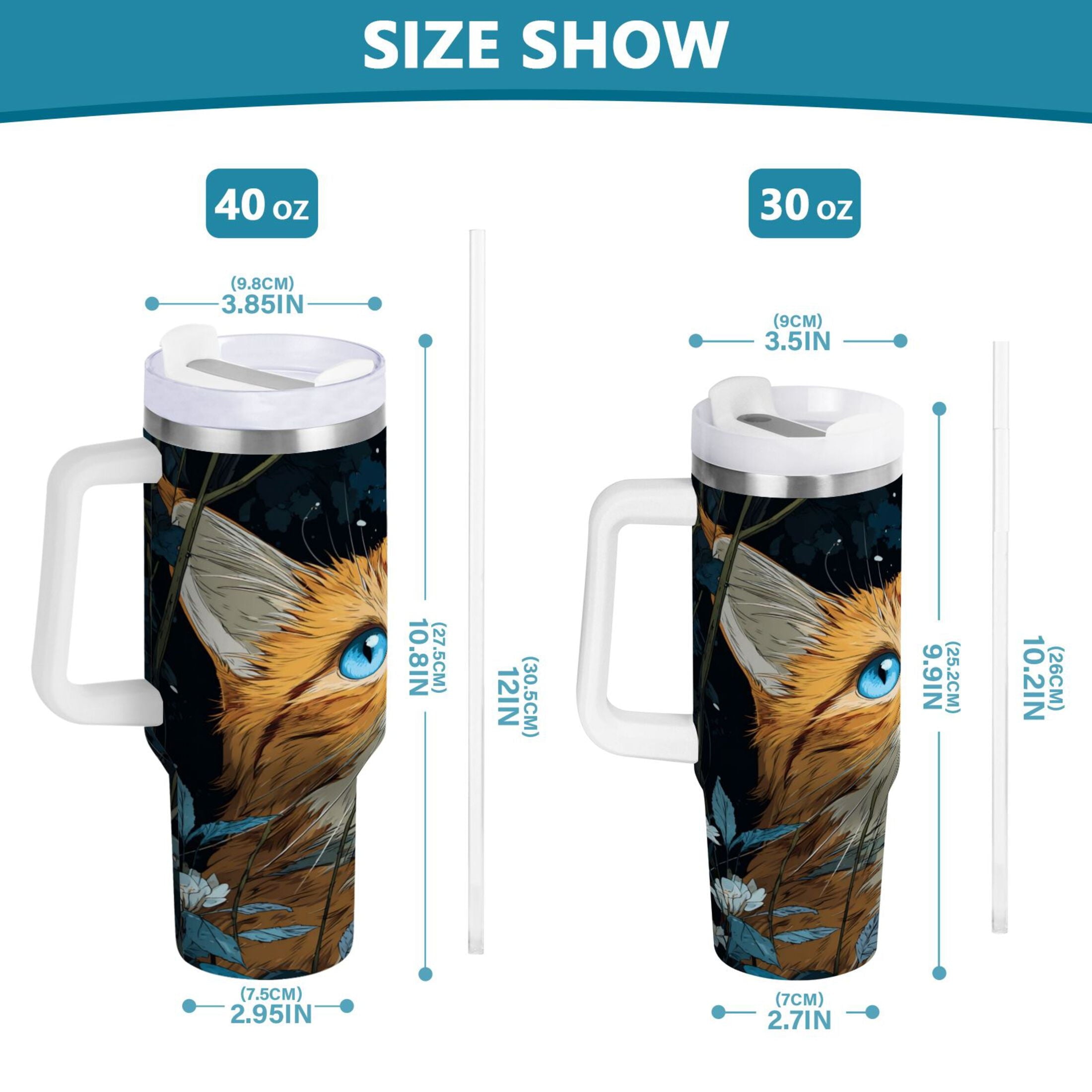 30 oz Insulated Stainless Steel Tumbler Double Wall Stainless Steel Tumbler with 2-Way Drinking Orange Cat with Blue Eyes