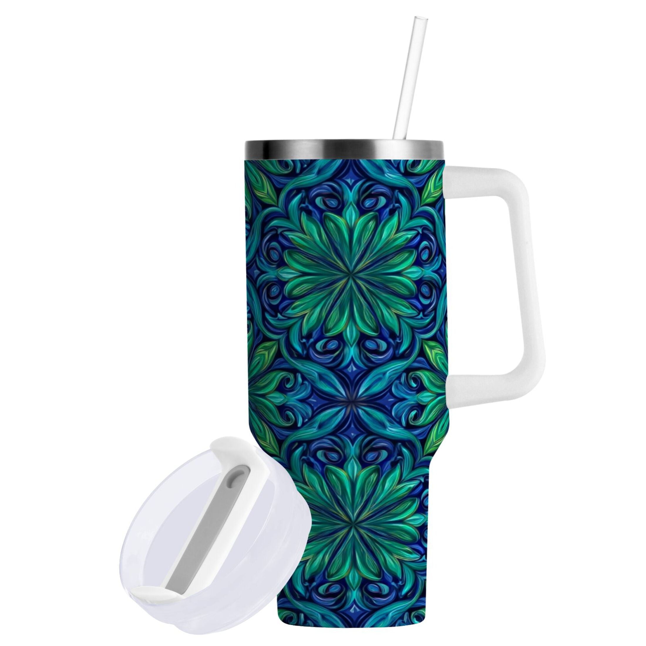 40 oz Insulated Stainless Steel Tumbler Double Wall Stainless Steel Tumbler with 2-Way Drinking Elegant Blue Traditional Patterns
