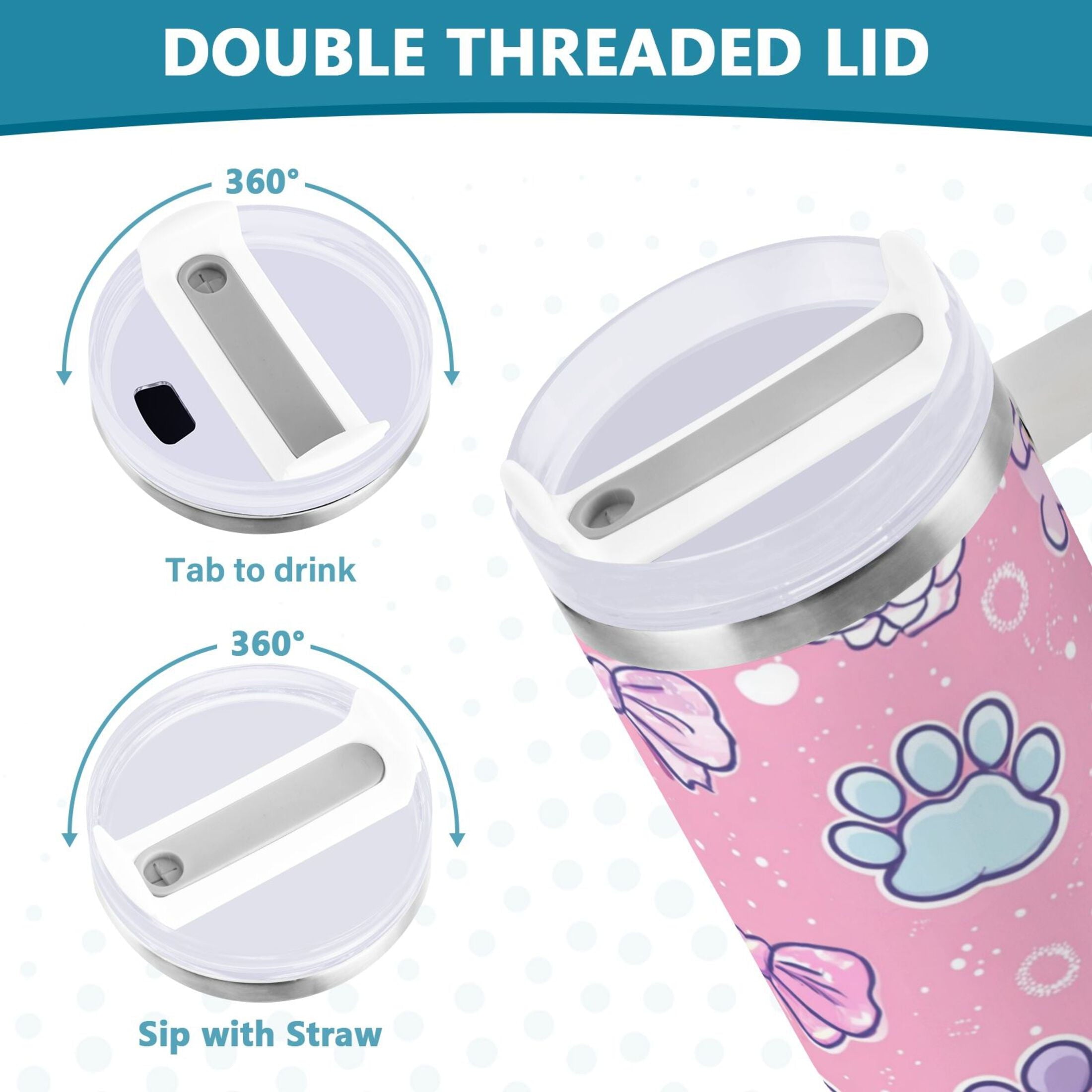 30 oz Insulated Stainless Steel Tumbler Double Wall Stainless Steel Tumbler with 2-Way Drinking Dog Paw Prints and Bows
