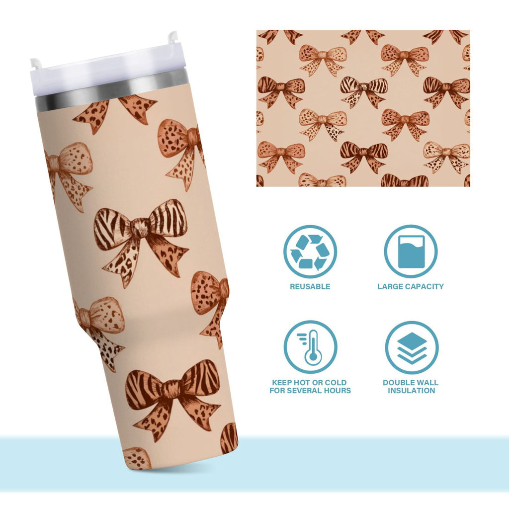 40 oz Insulated Stainless Steel Tumbler Double Wall Stainless Steel Tumbler with 2-Way Drinking Leopard Print Bow