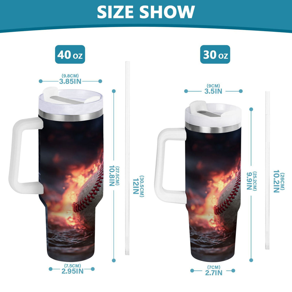 40 oz Insulated Stainless Steel Tumbler Double Wall Stainless Steel Tumbler with 2-Way Drinking Baseball with Water and Fire