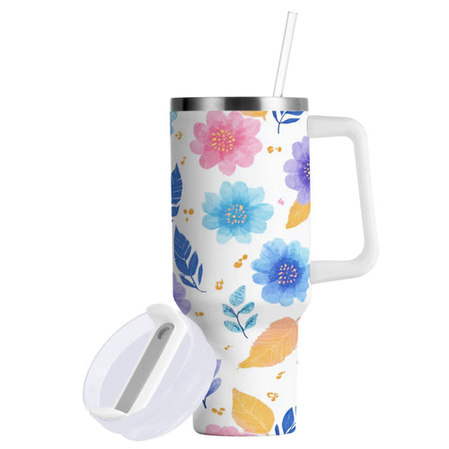 30 oz Insulated Stainless Steel Tumbler Double Wall Stainless Steel Tumbler with 2-Way Drinking Blue and Purple Flowers
