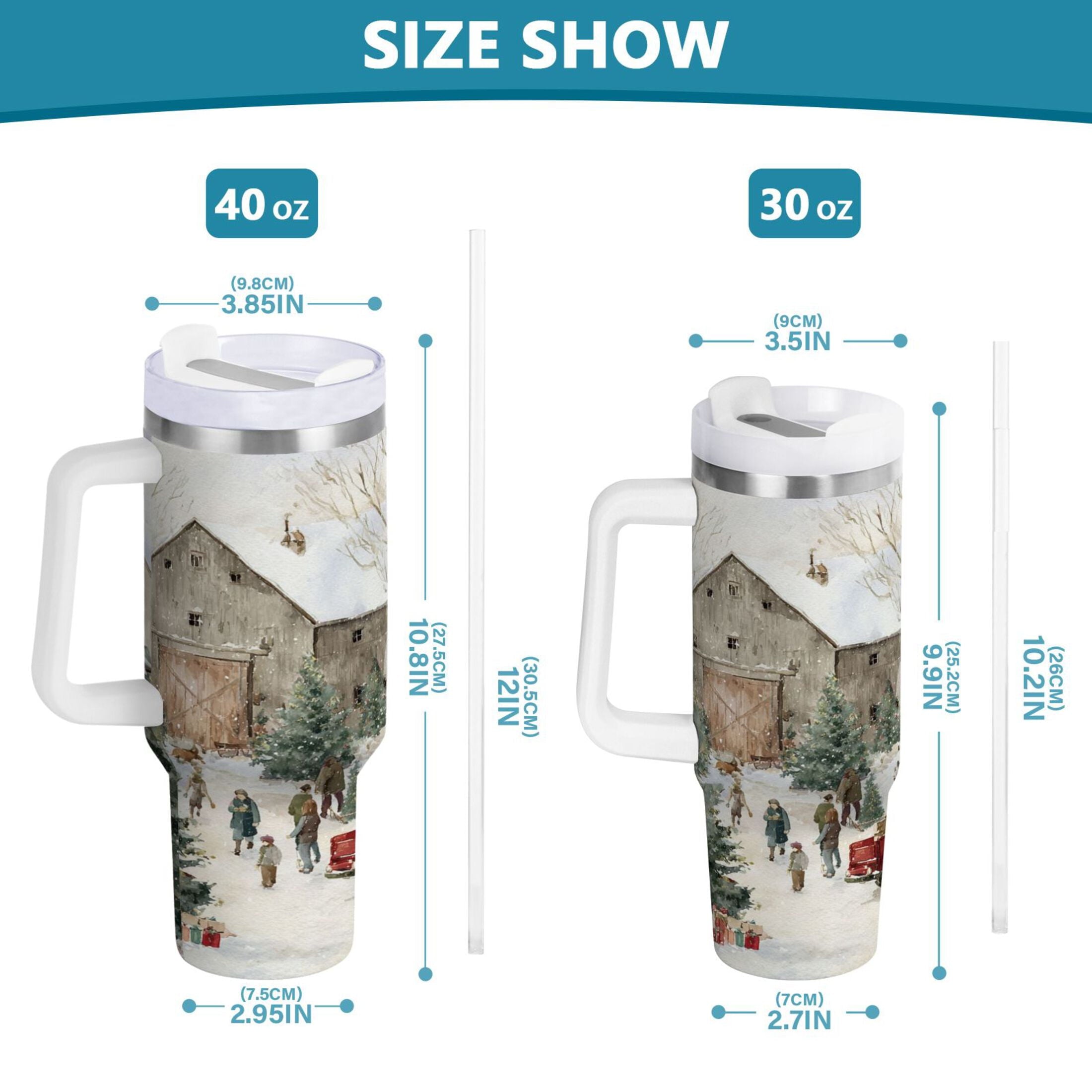 40 oz Insulated Stainless Steel Tumbler Double Wall Stainless Steel Tumbler with 2-Way Drinking Farm Snow Scene
