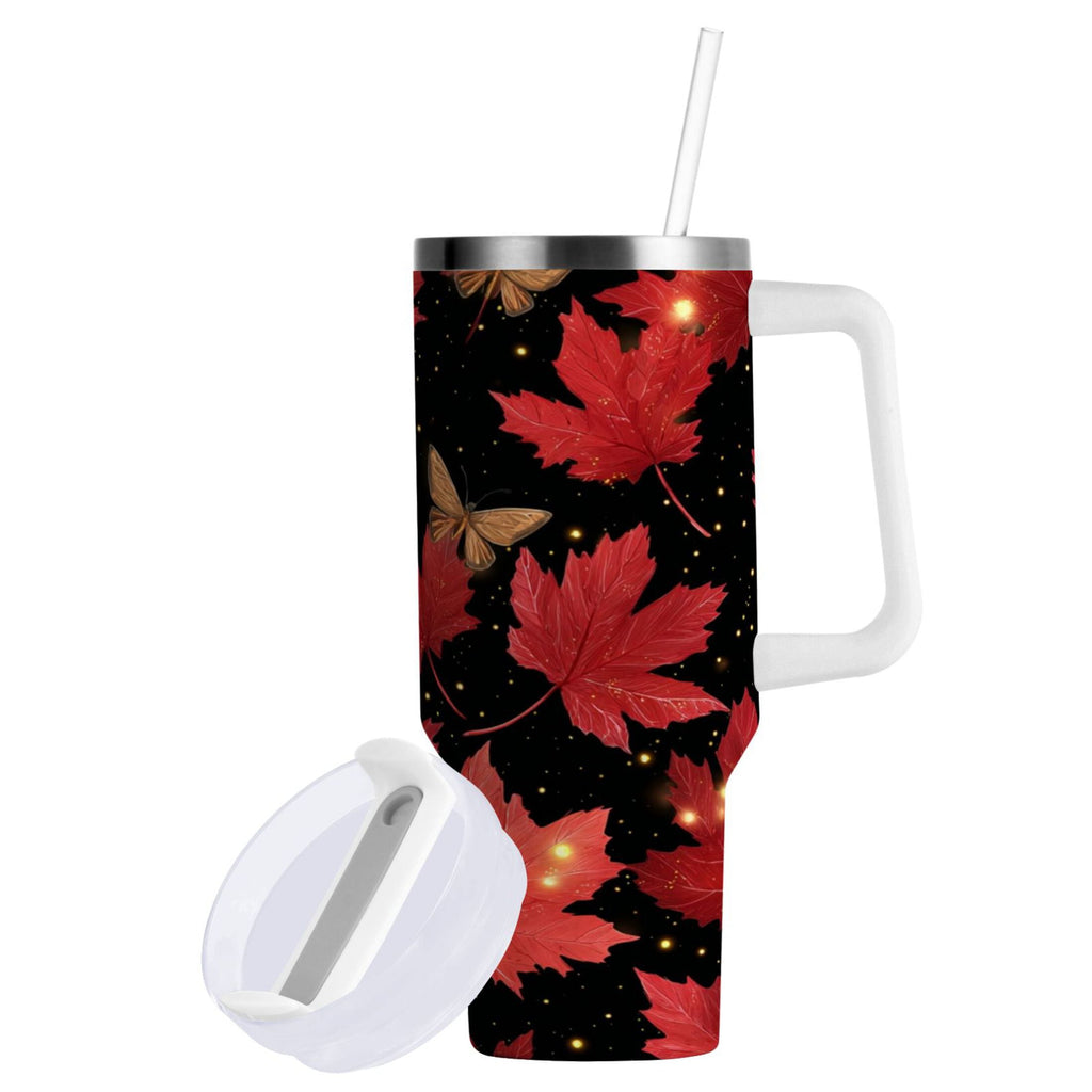 40 oz Insulated Stainless Steel Tumbler Double Wall Stainless Steel Tumbler with 2-Way Drinking Maple Leaves and Fireflies