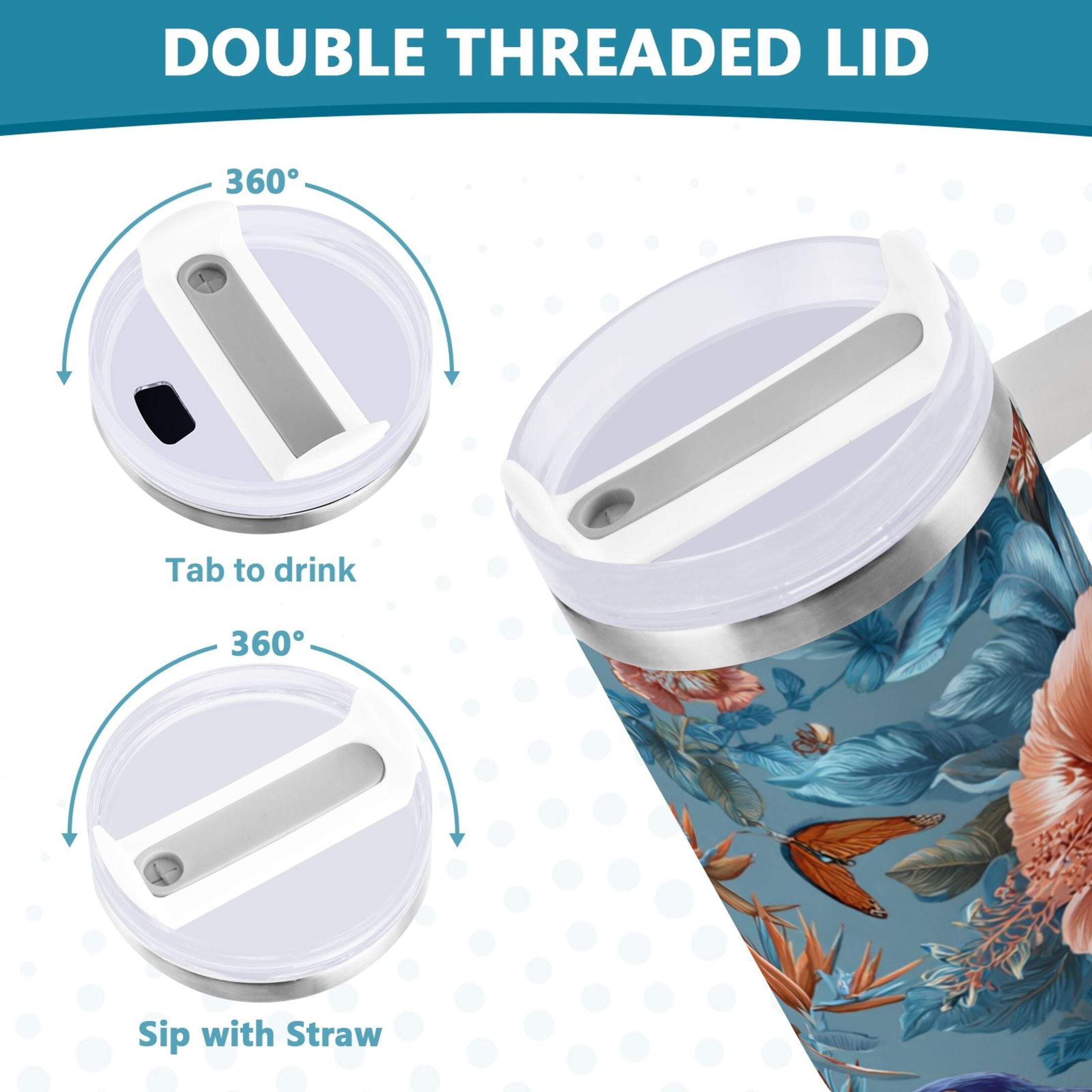 30 oz Insulated Stainless Steel Tumbler Double Wall Stainless Steel Tumbler with 2-Way Drinking Birds and Flowers