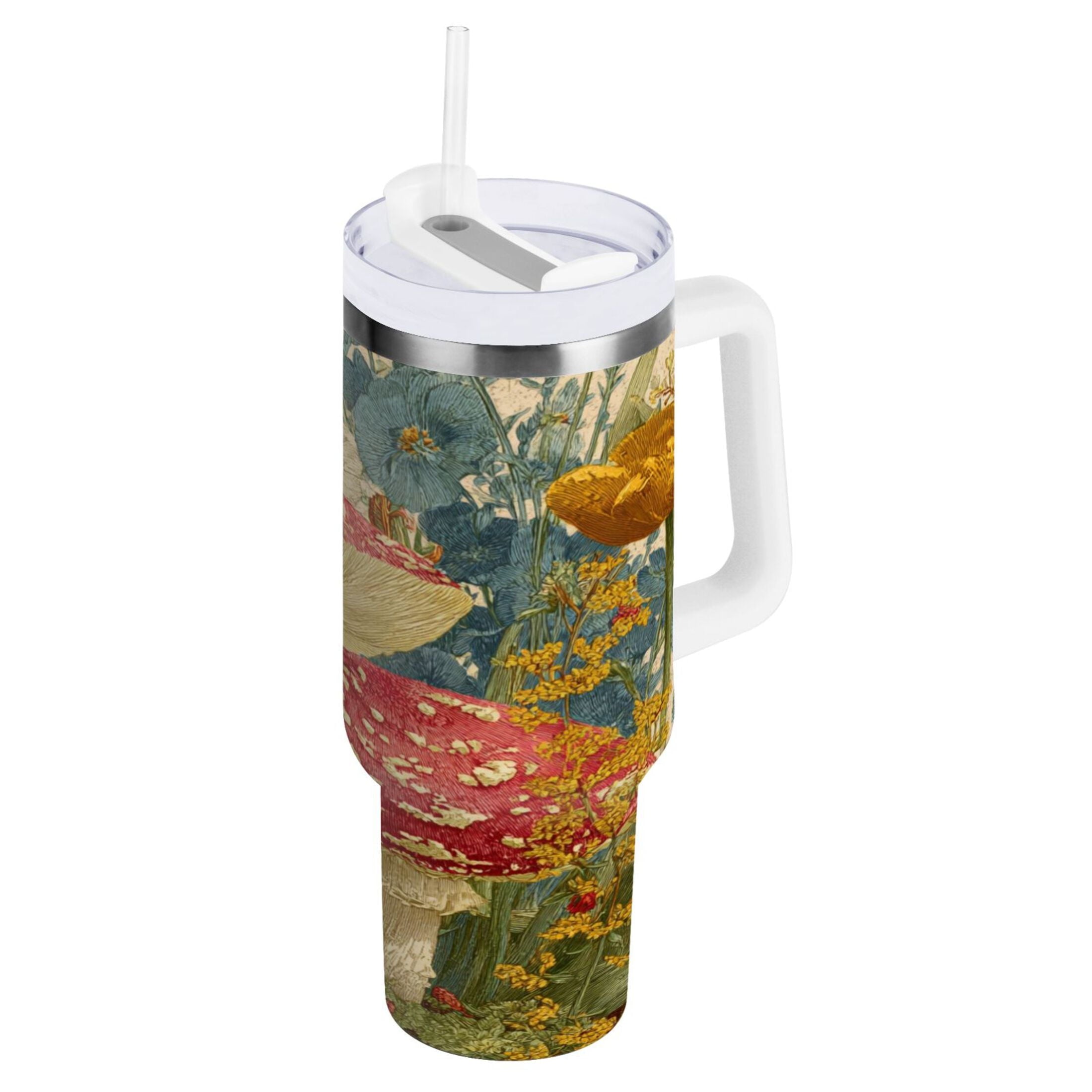 30 oz Insulated Stainless Steel Tumbler Double Wall Stainless Steel Tumbler with 2-Way Drinking Red Mushrooms with Flowers