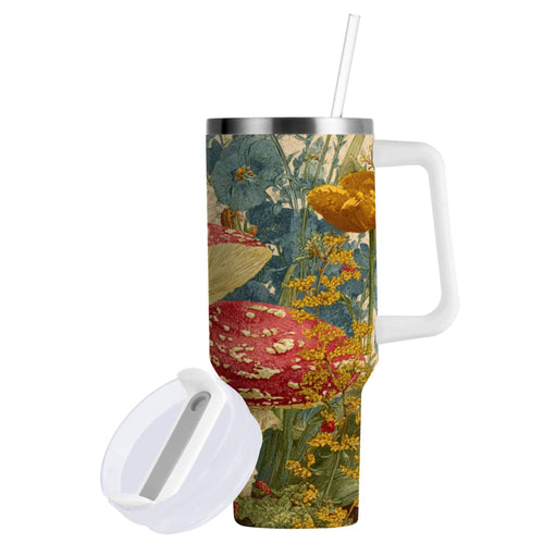 30 oz Insulated Stainless Steel Tumbler Double Wall Stainless Steel Tumbler with 2-Way Drinking Red Mushrooms with Flowers