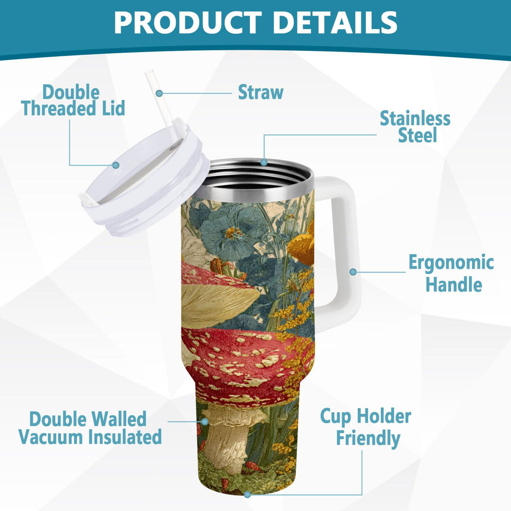 30 oz Insulated Stainless Steel Tumbler Double Wall Stainless Steel Tumbler with 2-Way Drinking Red Mushrooms with Flowers