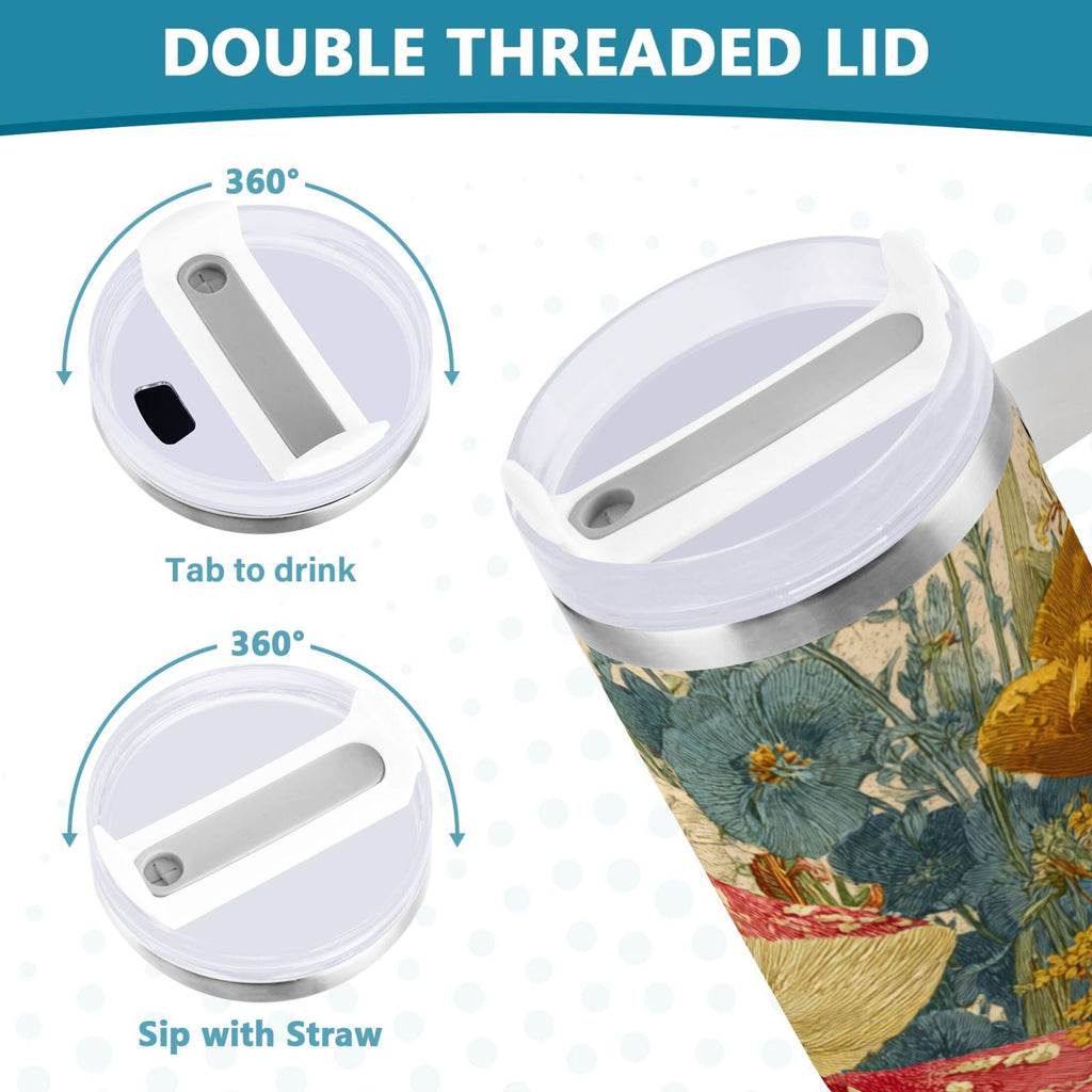 30 oz Insulated Stainless Steel Tumbler Double Wall Stainless Steel Tumbler with 2-Way Drinking Red Mushrooms with Flowers