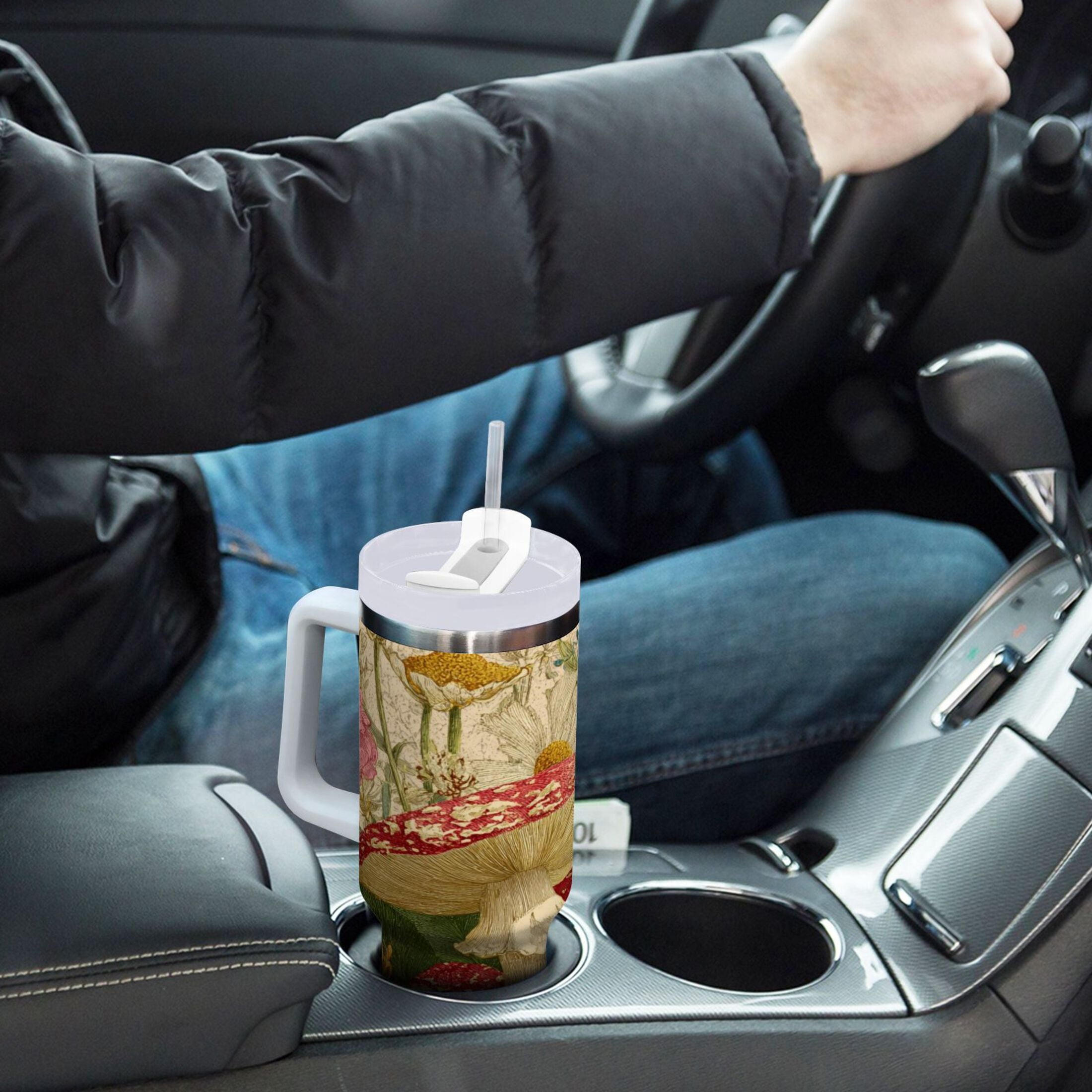 30 oz Insulated Stainless Steel Tumbler Double Wall Stainless Steel Tumbler with 2-Way Drinking Red Mushrooms with Flowers