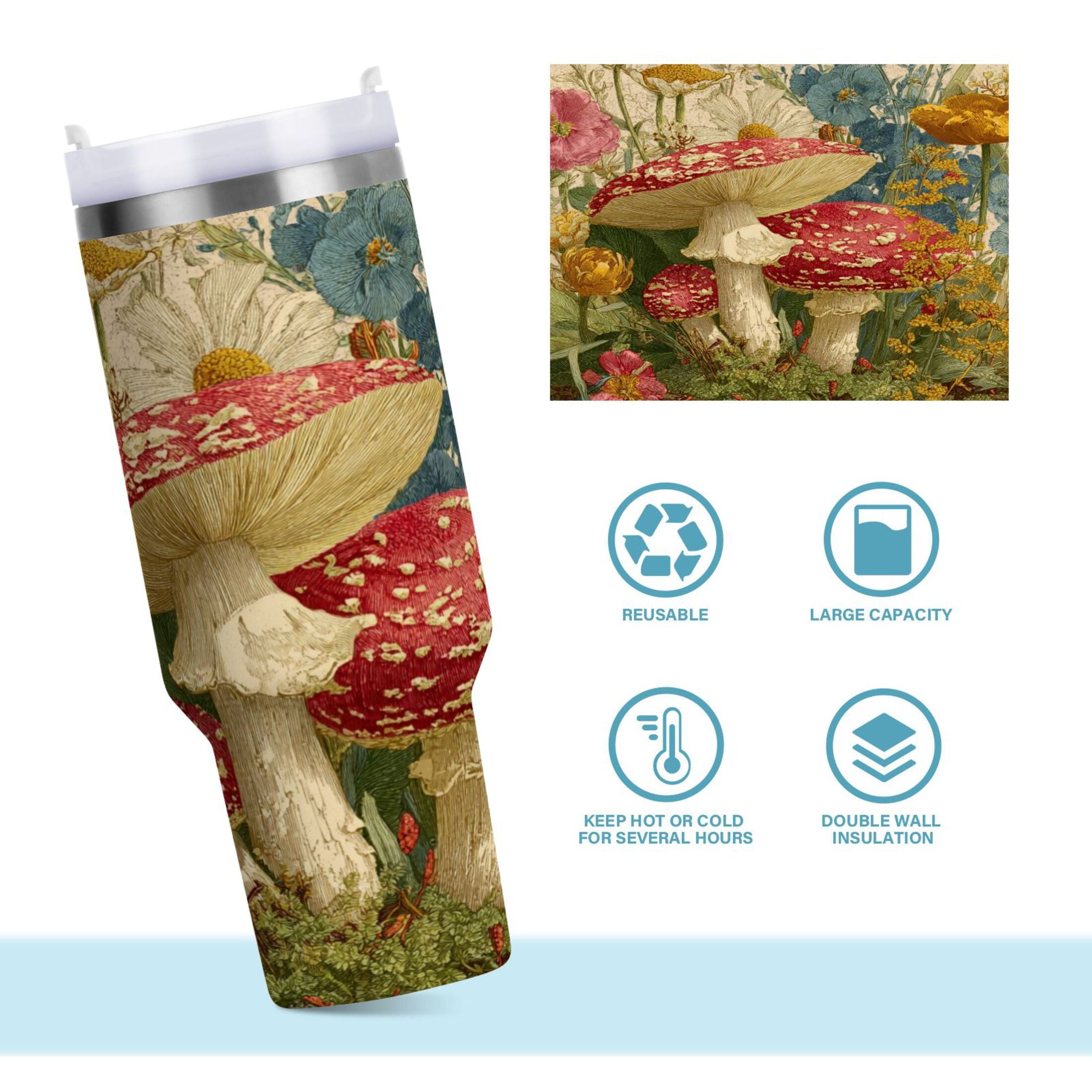 30 oz Insulated Stainless Steel Tumbler Double Wall Stainless Steel Tumbler with 2-Way Drinking Red Mushrooms with Flowers