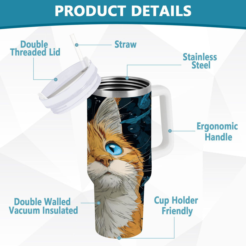 30 oz Insulated Stainless Steel Tumbler Double Wall Stainless Steel Tumbler with 2-Way Drinking Orange Cat with Blue Eyes