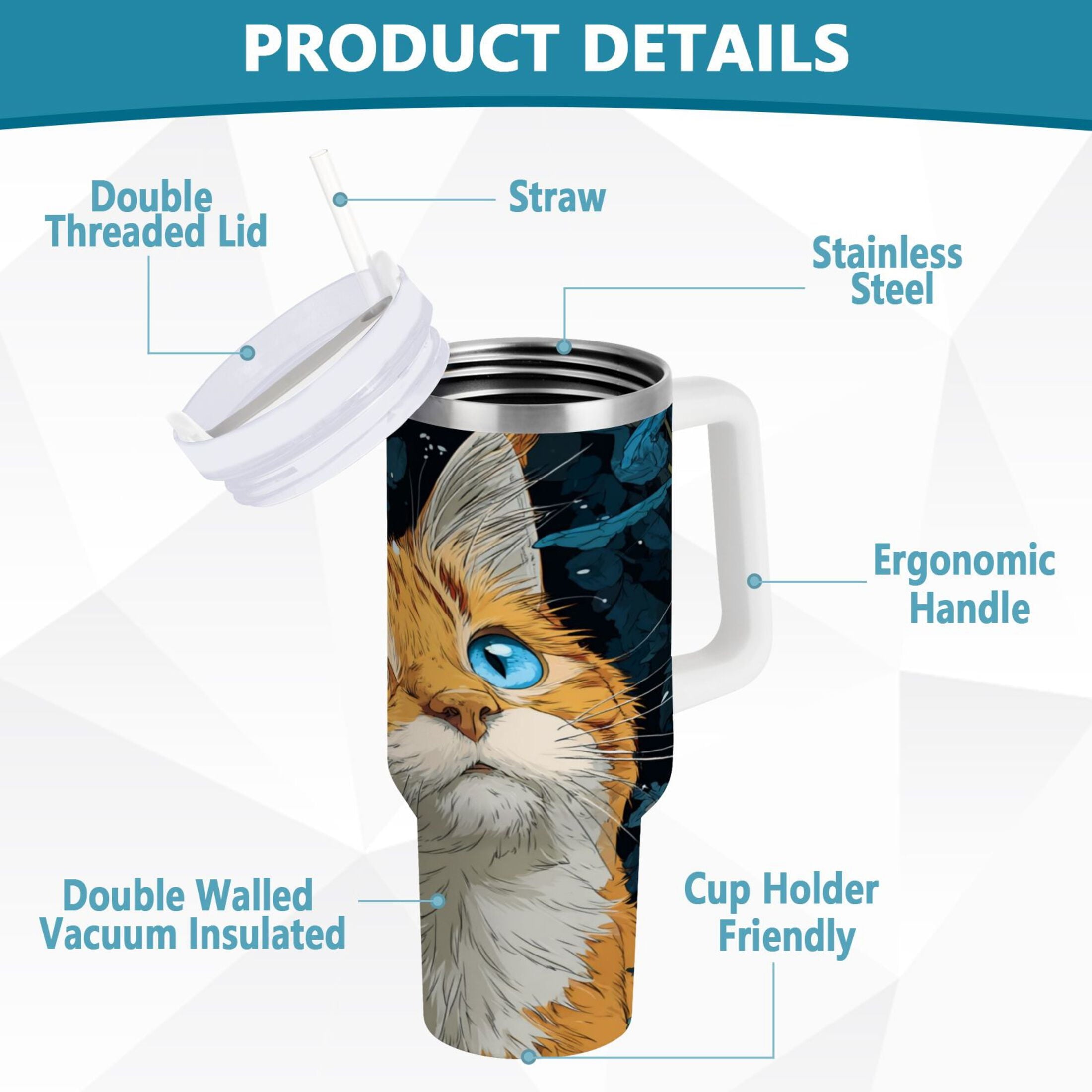 30 oz Insulated Stainless Steel Tumbler Double Wall Stainless Steel Tumbler with 2-Way Drinking Orange Cat with Blue Eyes