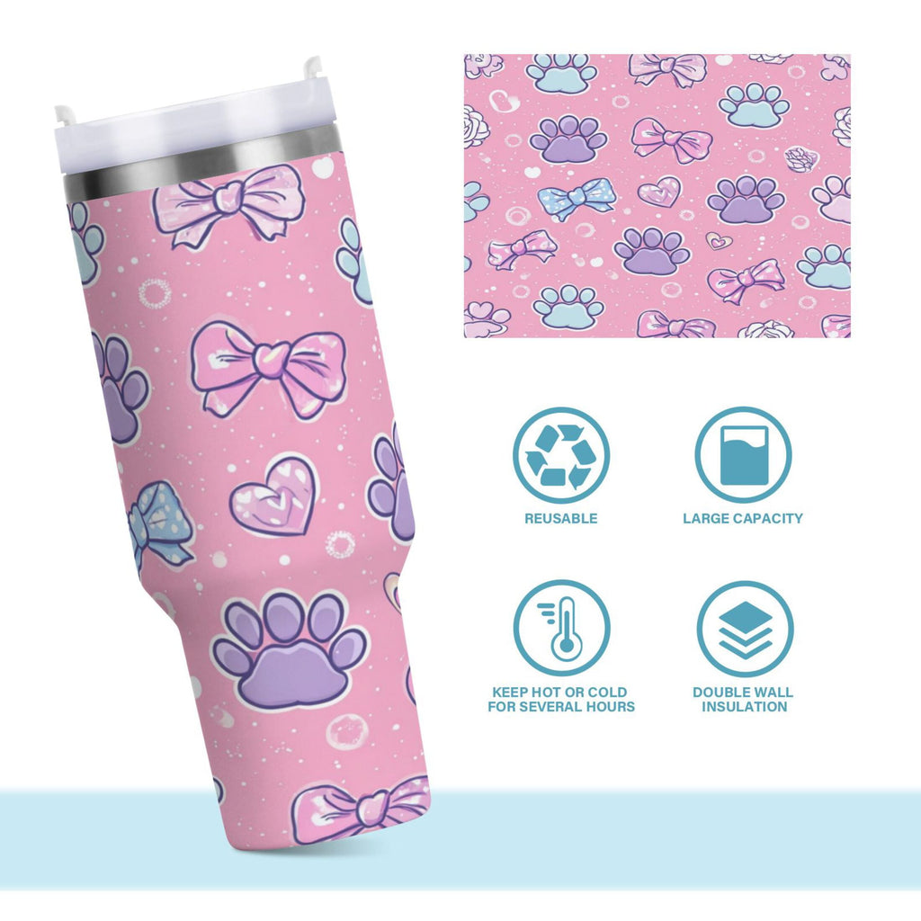 30 oz Insulated Stainless Steel Tumbler Double Wall Stainless Steel Tumbler with 2-Way Drinking Dog Paw Prints and Bows