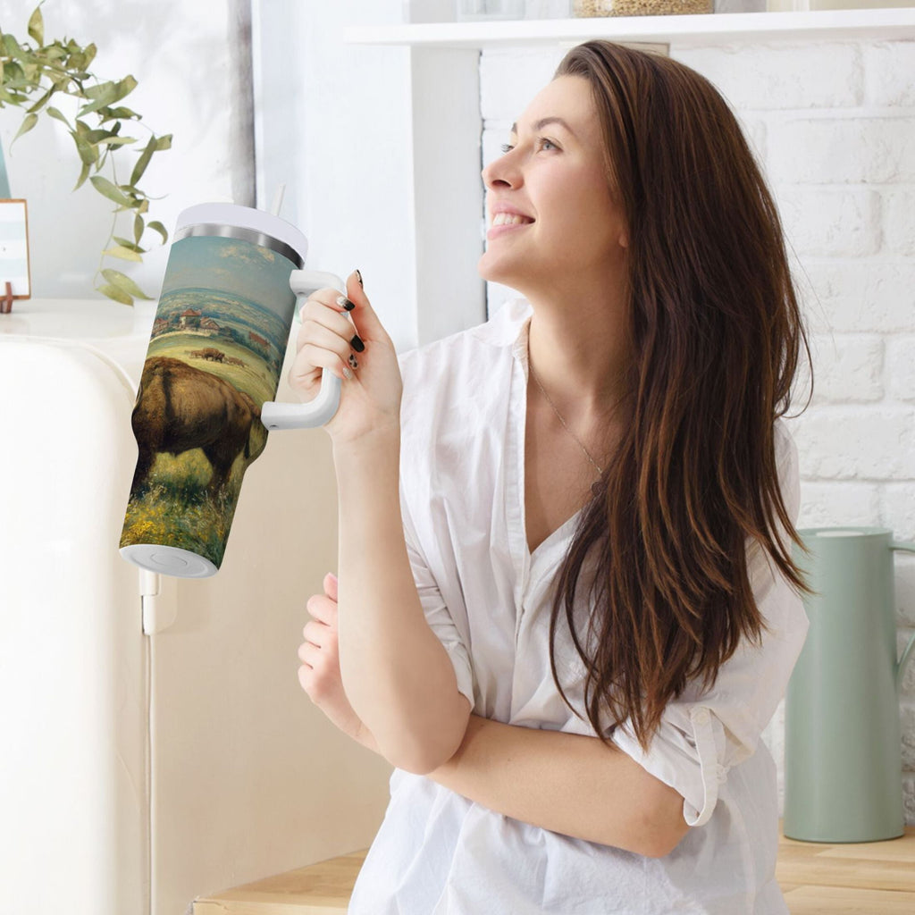 30 oz Insulated Stainless Steel Tumbler Double Wall Stainless Steel Tumbler with 2-Way Drinking Buffalo Herd Oil Painting