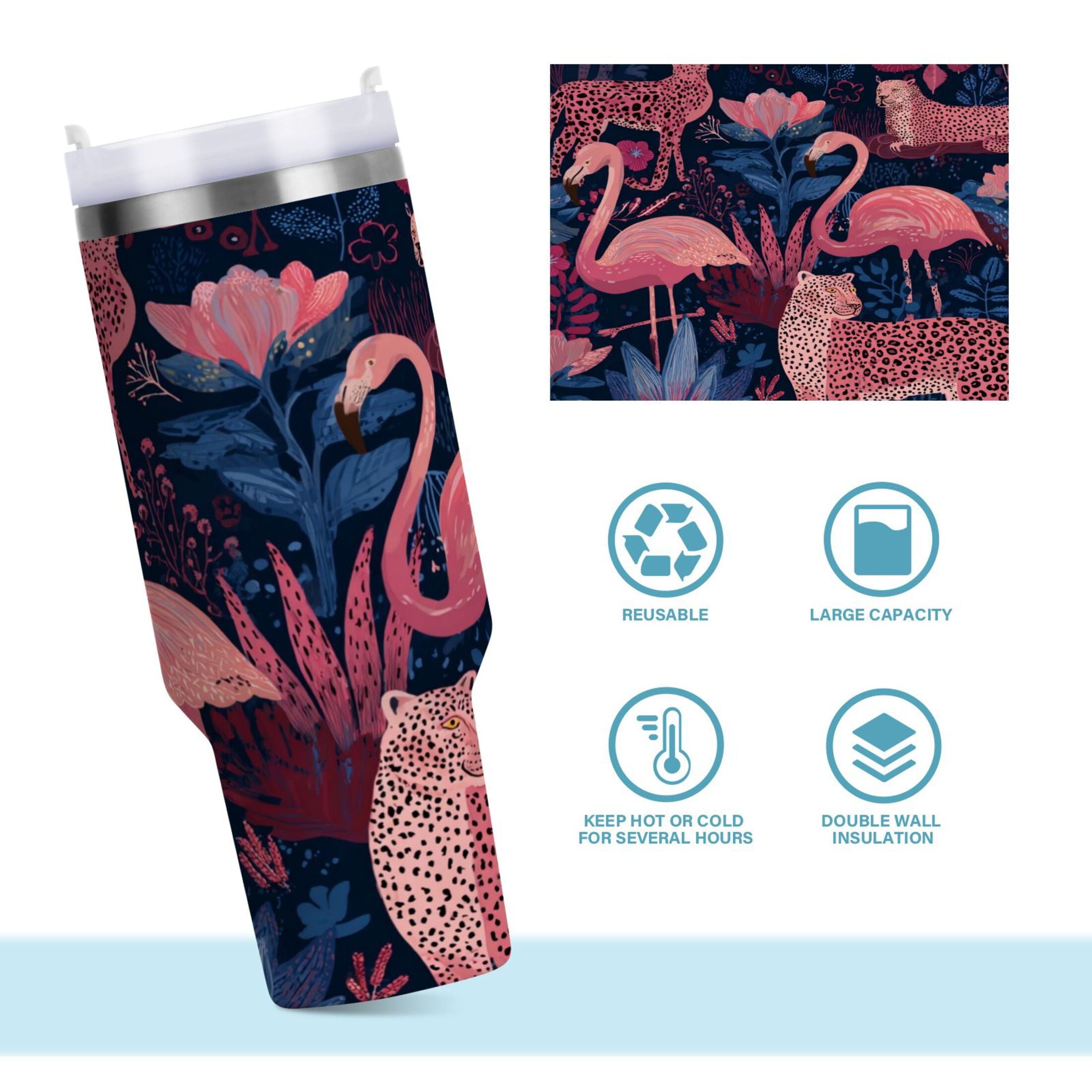 30 oz Insulated Stainless Steel Tumbler Double Wall Stainless Steel Tumbler with 2-Way Drinking Flamingos and Leopard Print