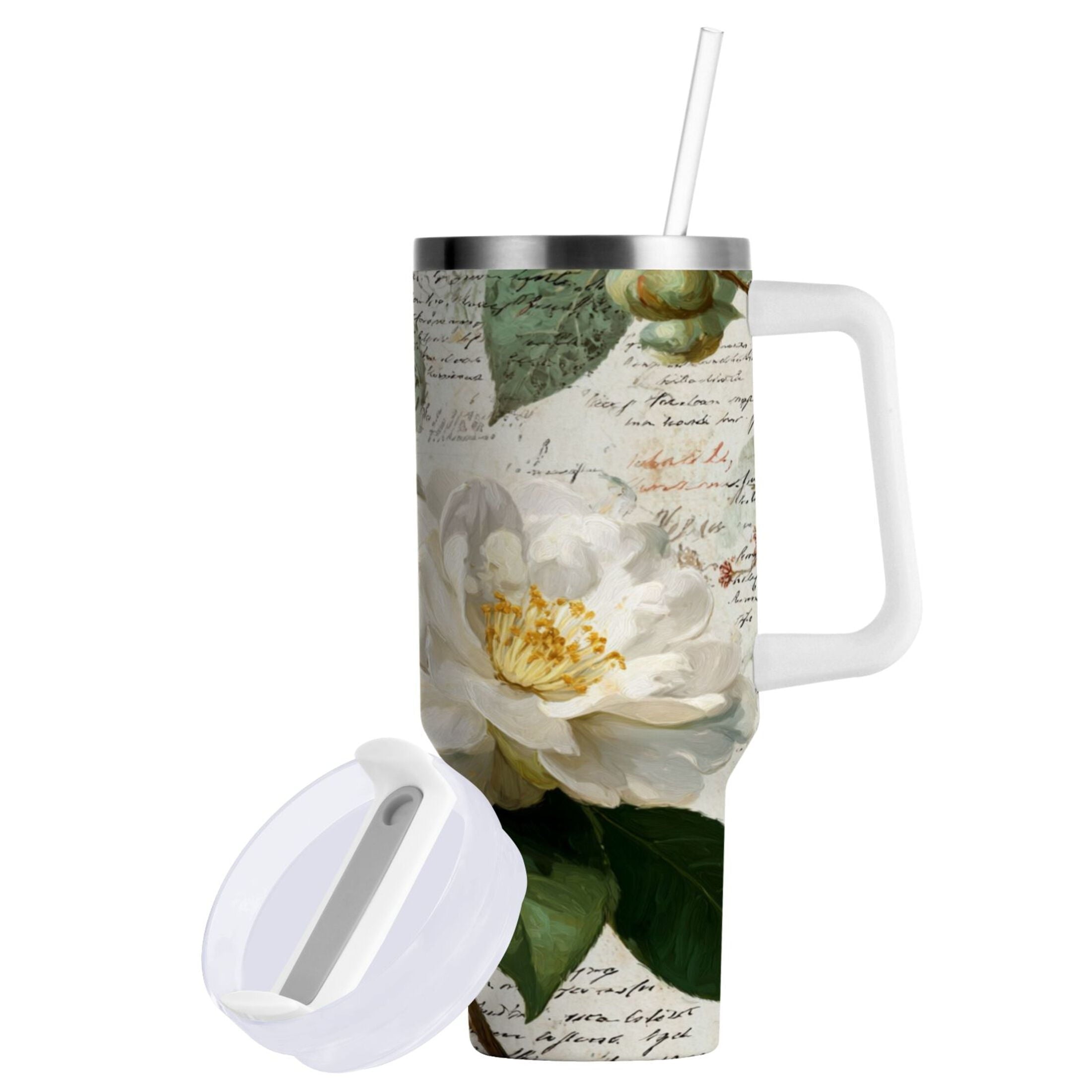 40 oz Insulated Stainless Steel Tumbler Double Wall Stainless Steel Tumbler with 2-Way Drinking Vintage White Camellias