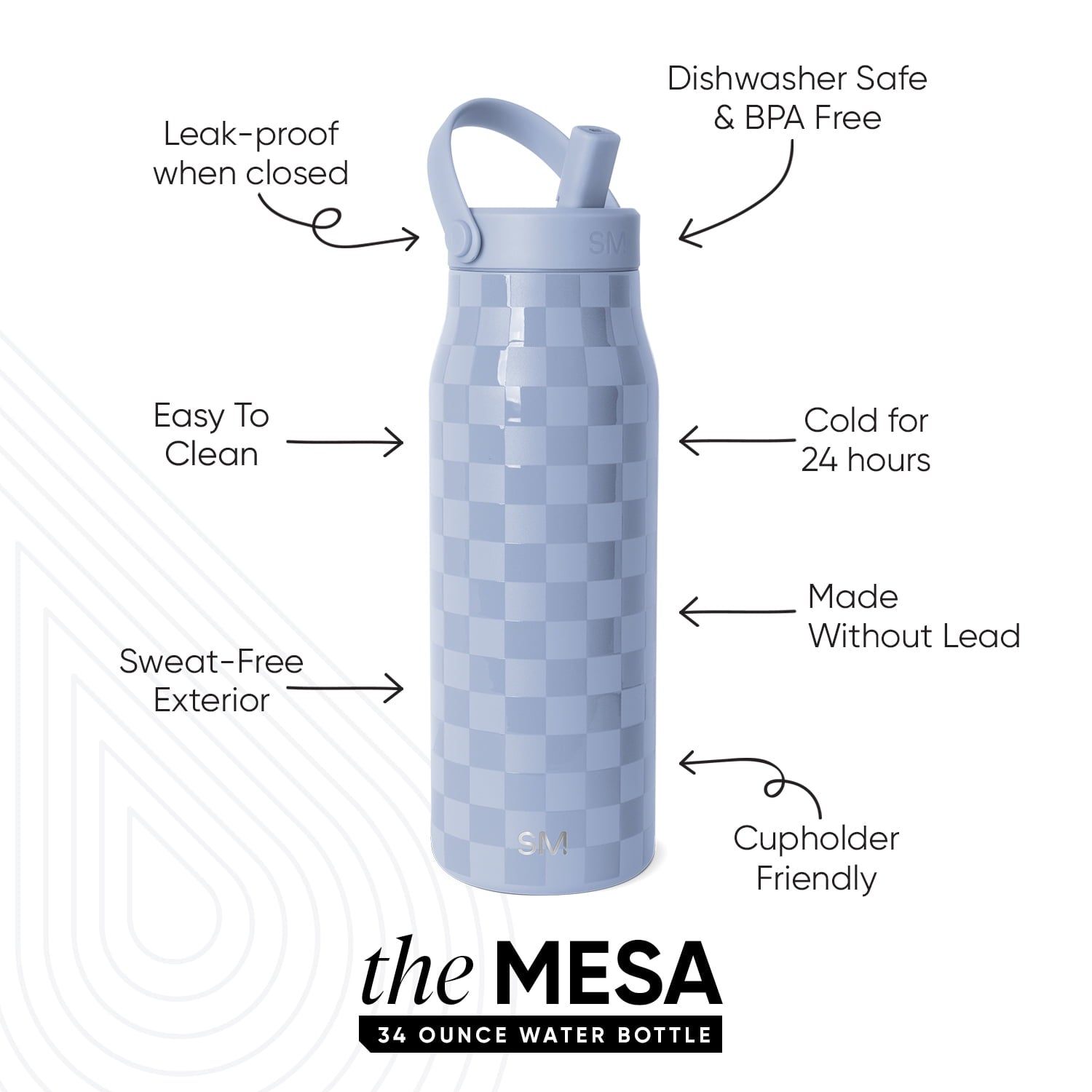 Simple Modern 34 fl oz Insulated Stainless Steel Mesa Wide Mouth Water Bottle with Handle and Push Button Straw Lid | Mystifying Blue Checkmate