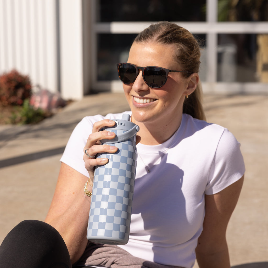 Simple Modern 34 fl oz Insulated Stainless Steel Mesa Wide Mouth Water Bottle with Handle and Push Button Straw Lid | Mystifying Blue Checkmate