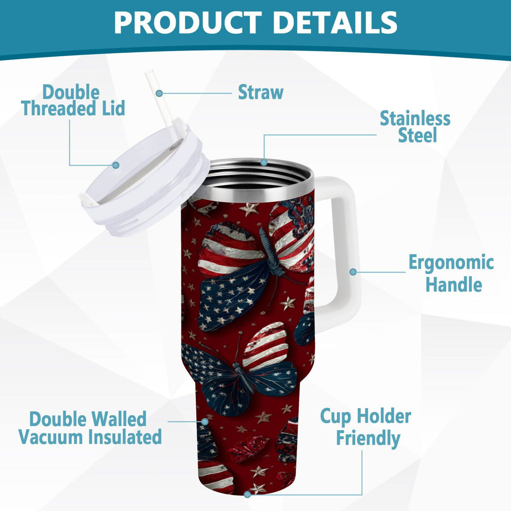 40 oz Insulated Stainless Steel Tumbler Double Wall Stainless Steel Tumbler with 2-Way Drinking Butterfly with National Flag