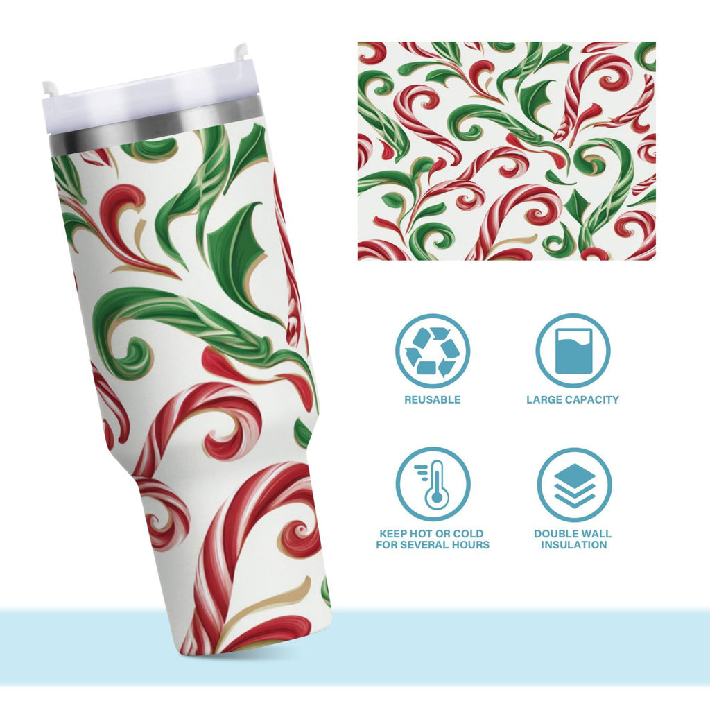 40 oz Insulated Stainless Steel Tumbler Double Wall Stainless Steel Tumbler with 2-Way Drinking Red and Green Candy-cane