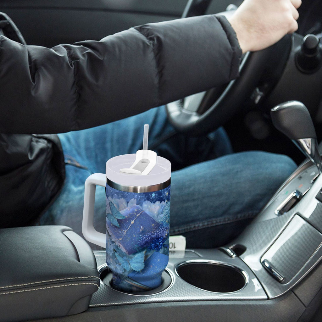 30 oz Insulated Stainless Steel Tumbler Double Wall Stainless Steel Tumbler with 2-Way Drinking Butterflies Books and Flowers