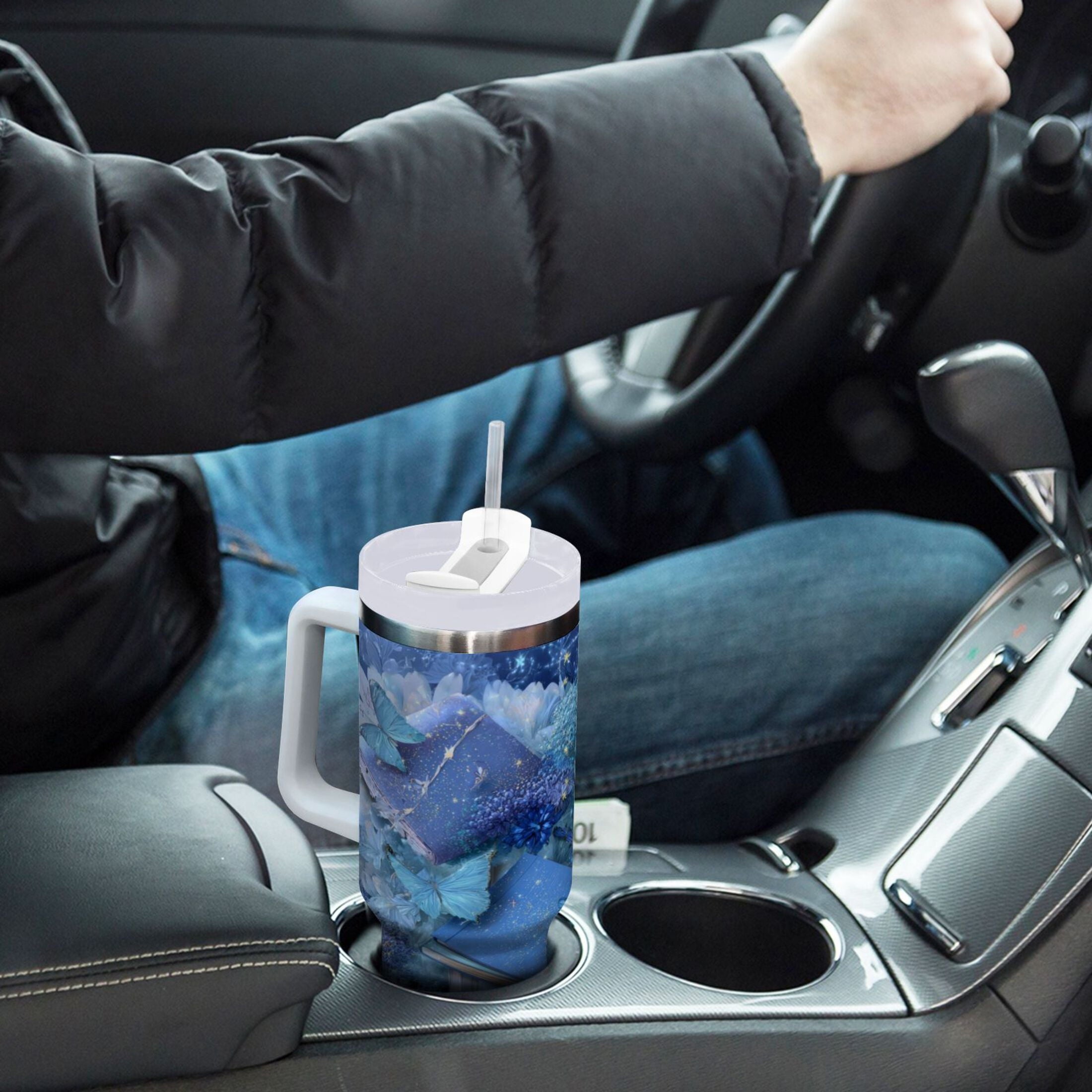 30 oz Insulated Stainless Steel Tumbler Double Wall Stainless Steel Tumbler with 2-Way Drinking Butterflies Books and Flowers
